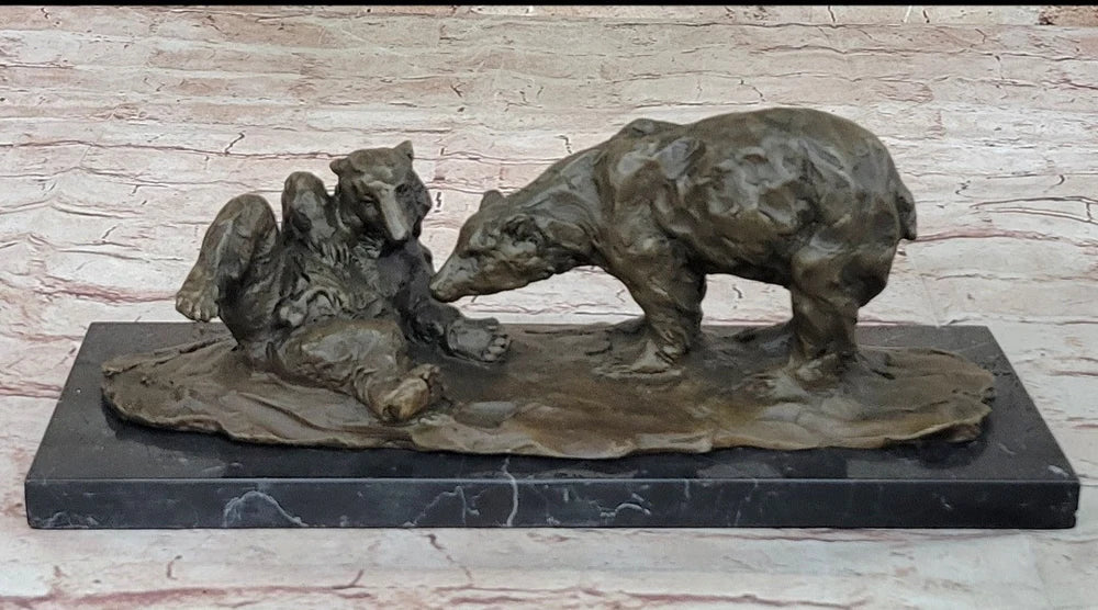French bronze bear and cubs statue by Miguel Lopez in a modern home office setting