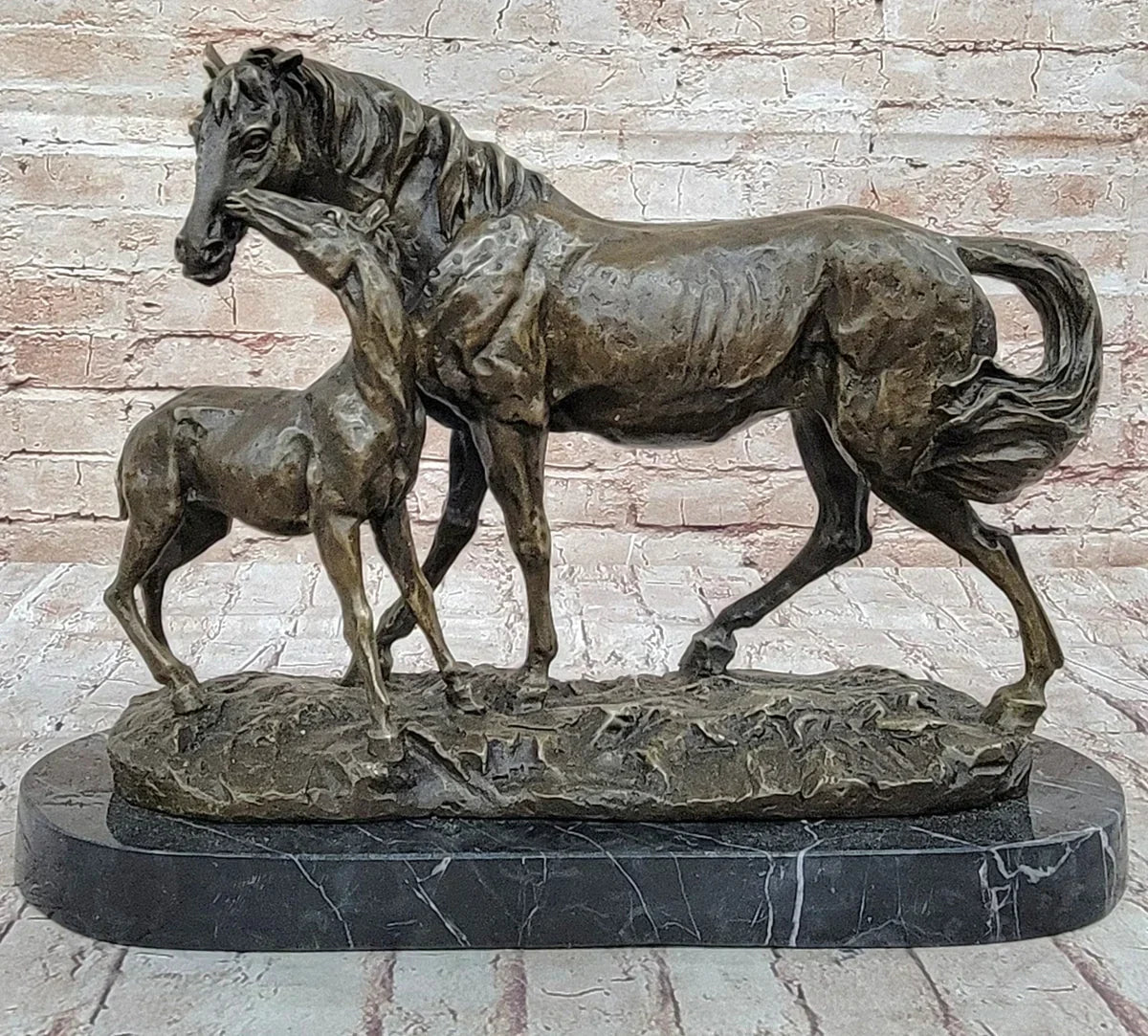 Large handcrafted bronze and marble horse farm statue, Western-themed masterpiece