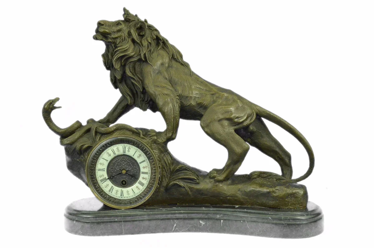 Ornate bronze sculpture clock featuring a lion and snake, perfect for an elegant, historical statement piece.