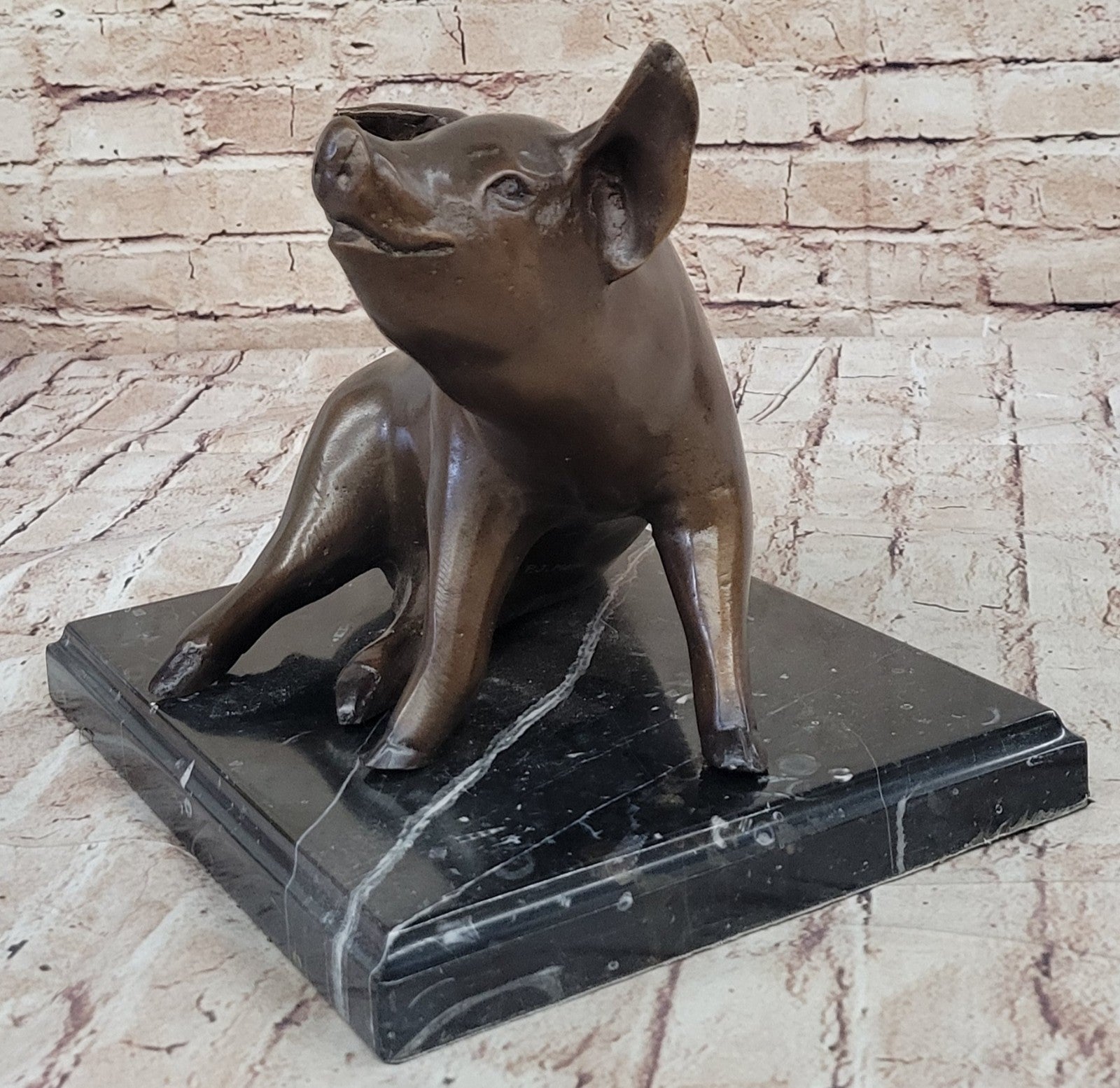 Bronze Art Deco Farm Decor Happy Pig Hand Made Detailed Statue Marble Figure Artwork