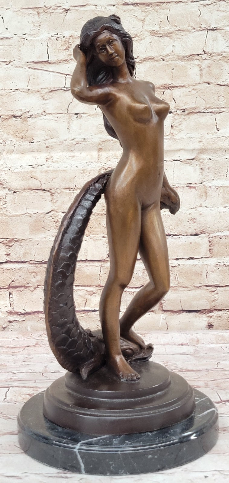 Bronze Sea Nymph Mythical Figurine Nude Woman With Fish Sculpture Statue