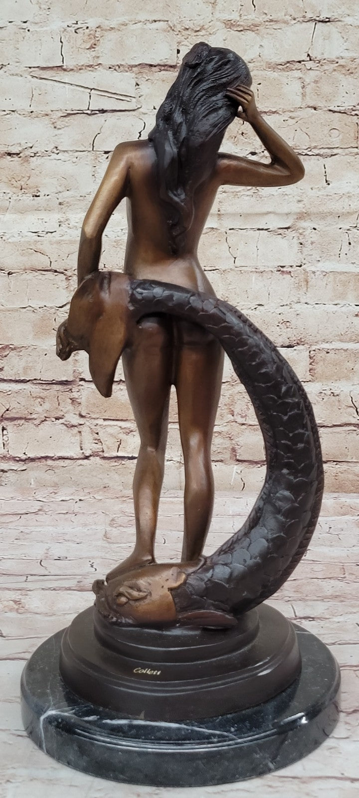 Bronze Sea Nymph Mythical Figurine Nude Woman With Fish Sculpture Statue