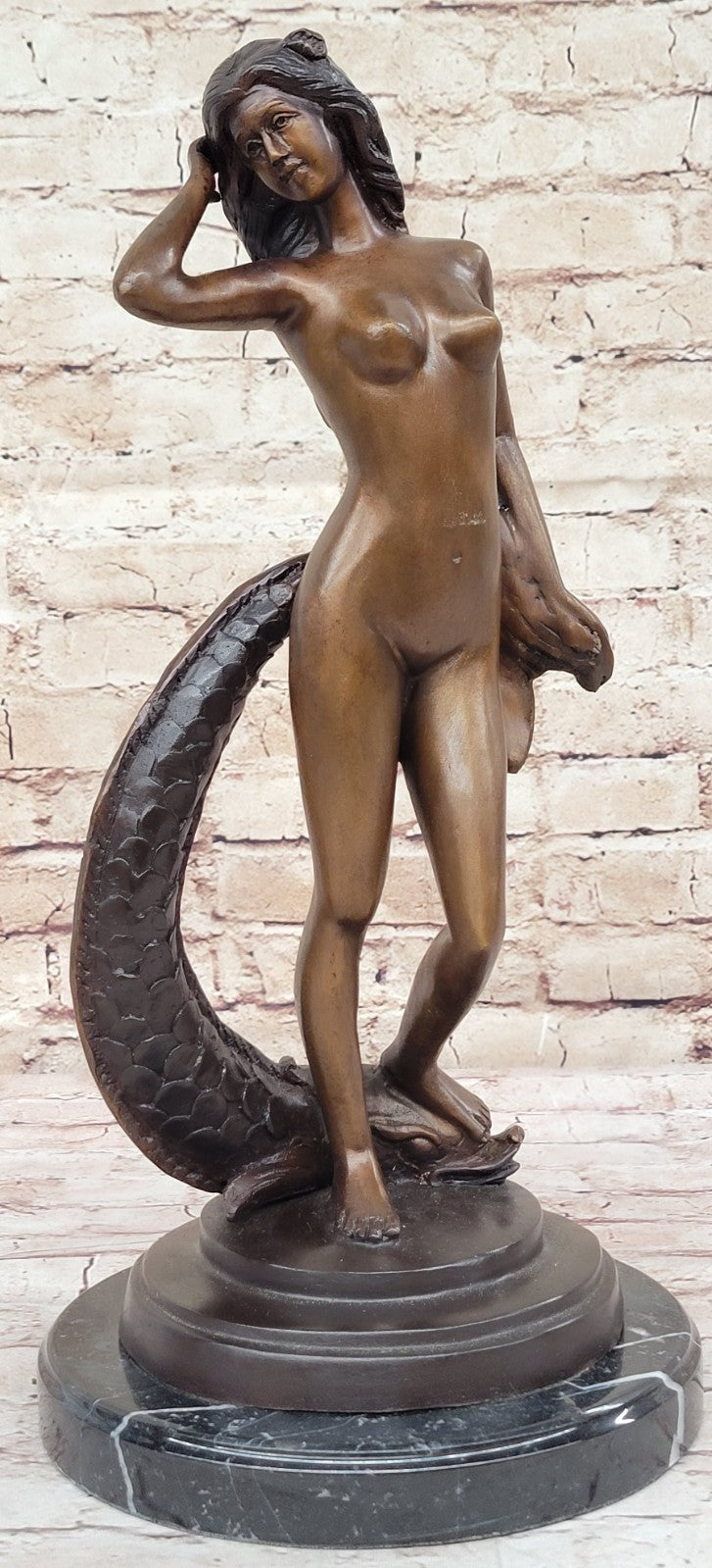 Bronze Sea Nymph Mythical Figurine Nude Woman With Fish Sculpture Statue