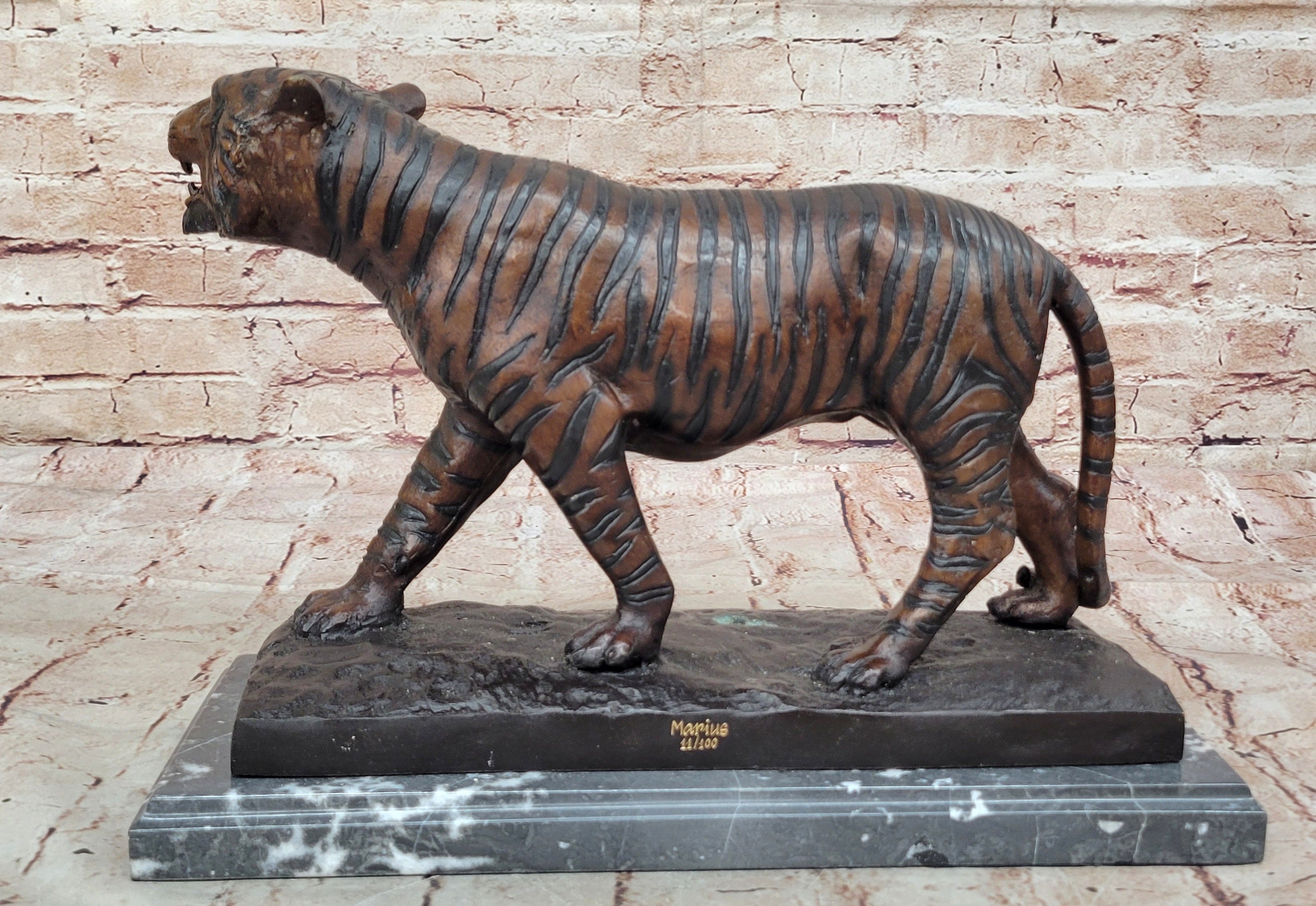 Limited Edition Bronze Tiger Statue Sculpture Wild Animal Figurine Marble Base