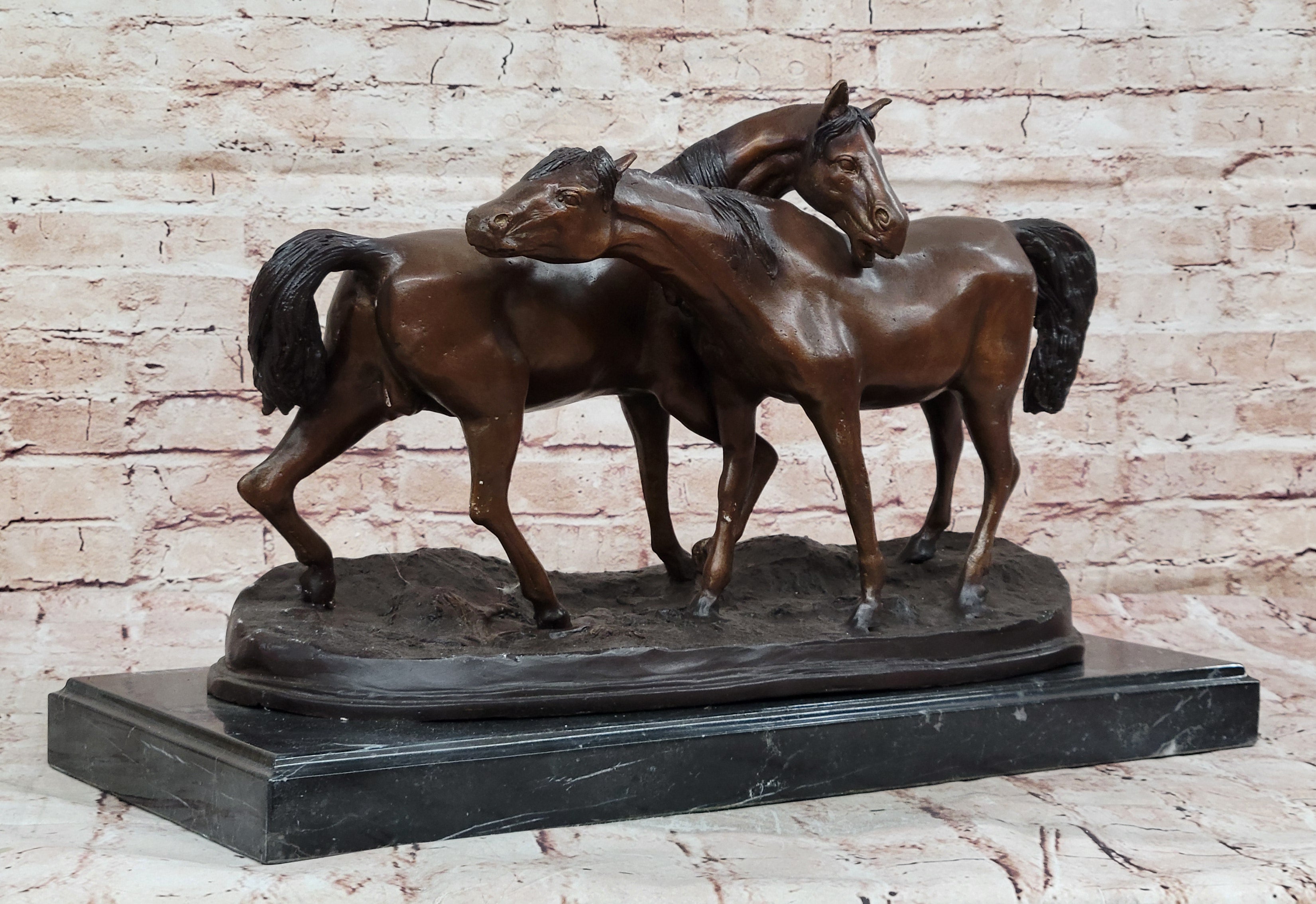 Lost Wax Bronze Sculpture – Two Loving Horses by Moigniez Equestrian Artwork