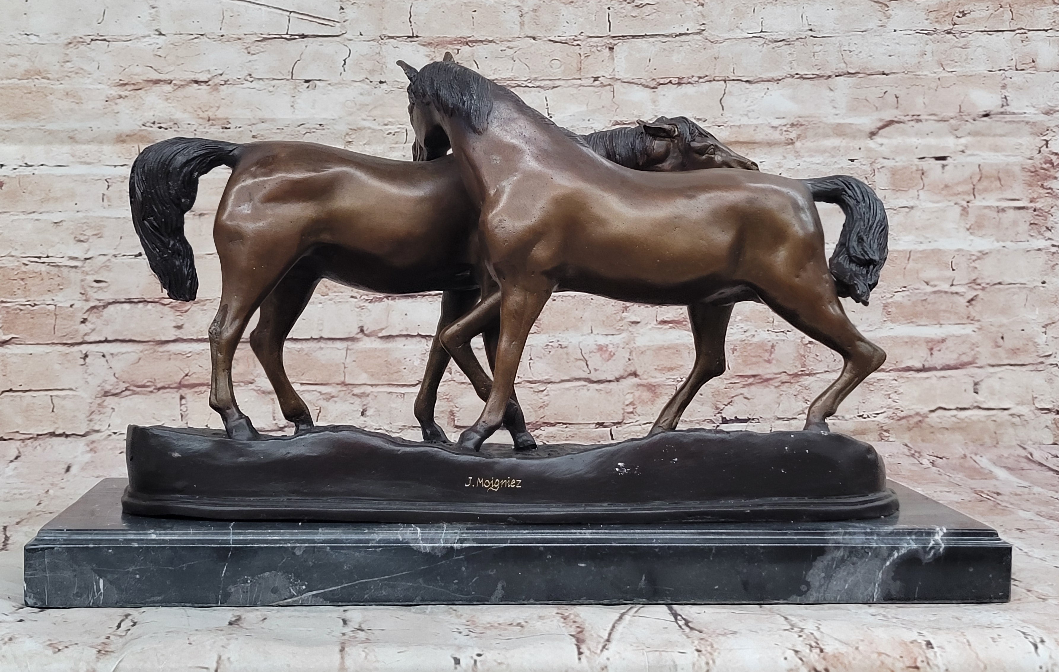 Lost Wax Bronze Sculpture – Two Loving Horses by Moigniez Equestrian Artwork