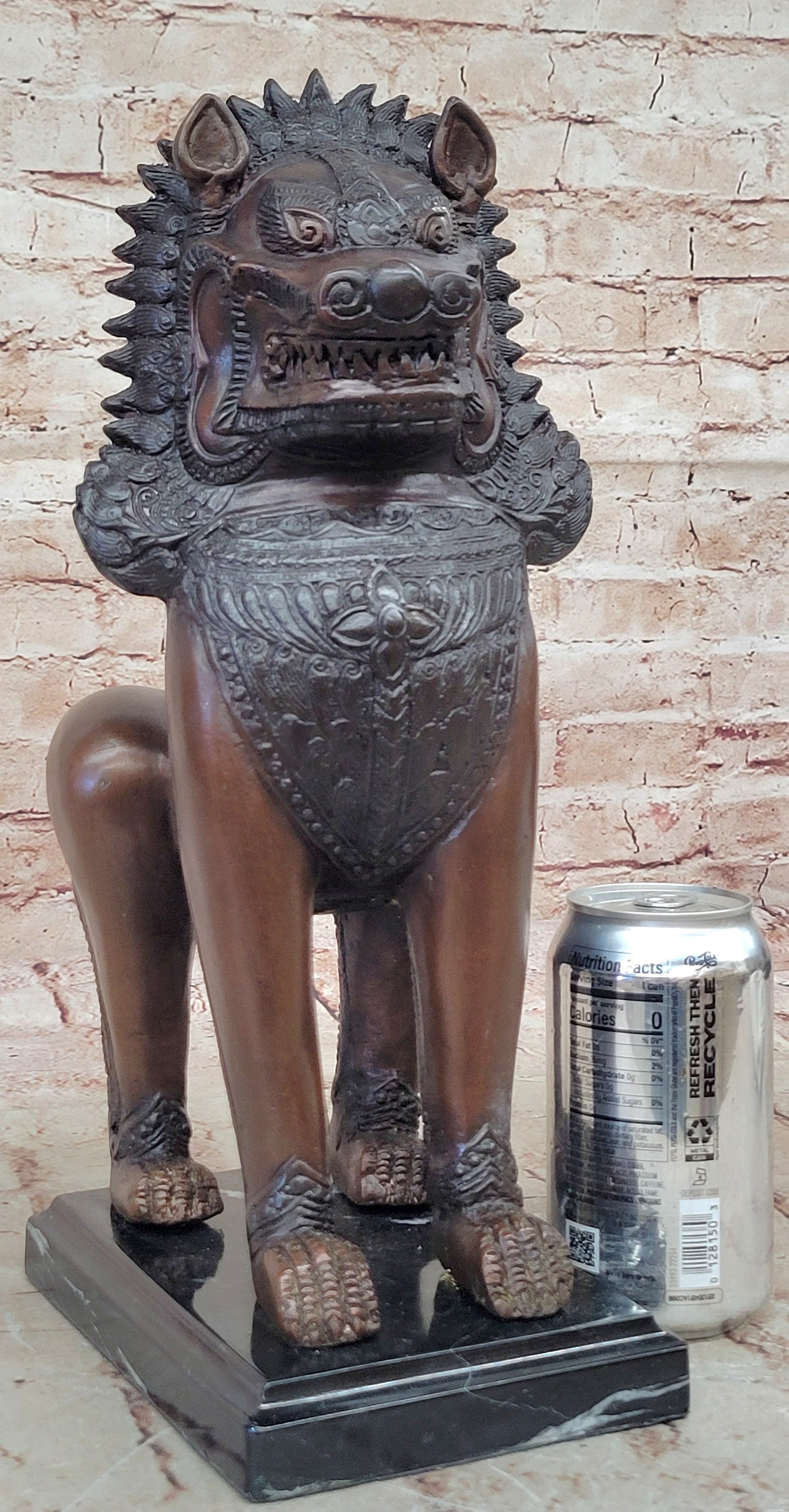 Handcrafted Bronze Temple Lion Statues Thailand Foo Dogs on Marble