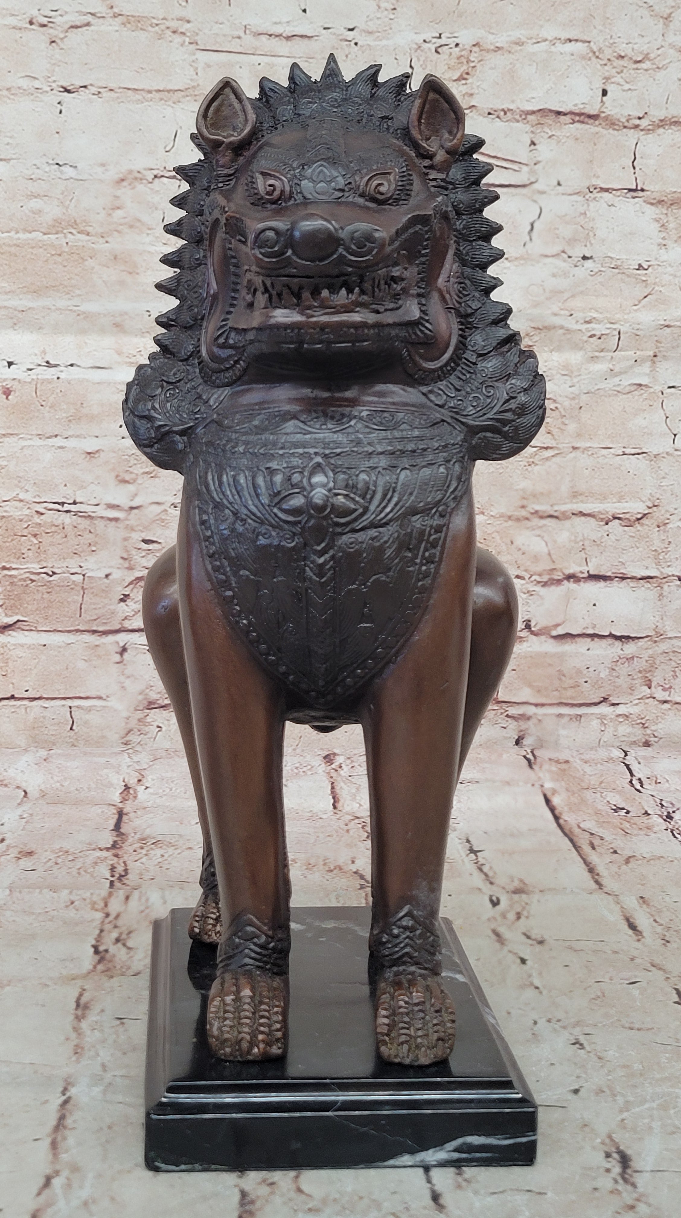Handcrafted Bronze Temple Lion Statues Thailand Foo Dogs on Marble