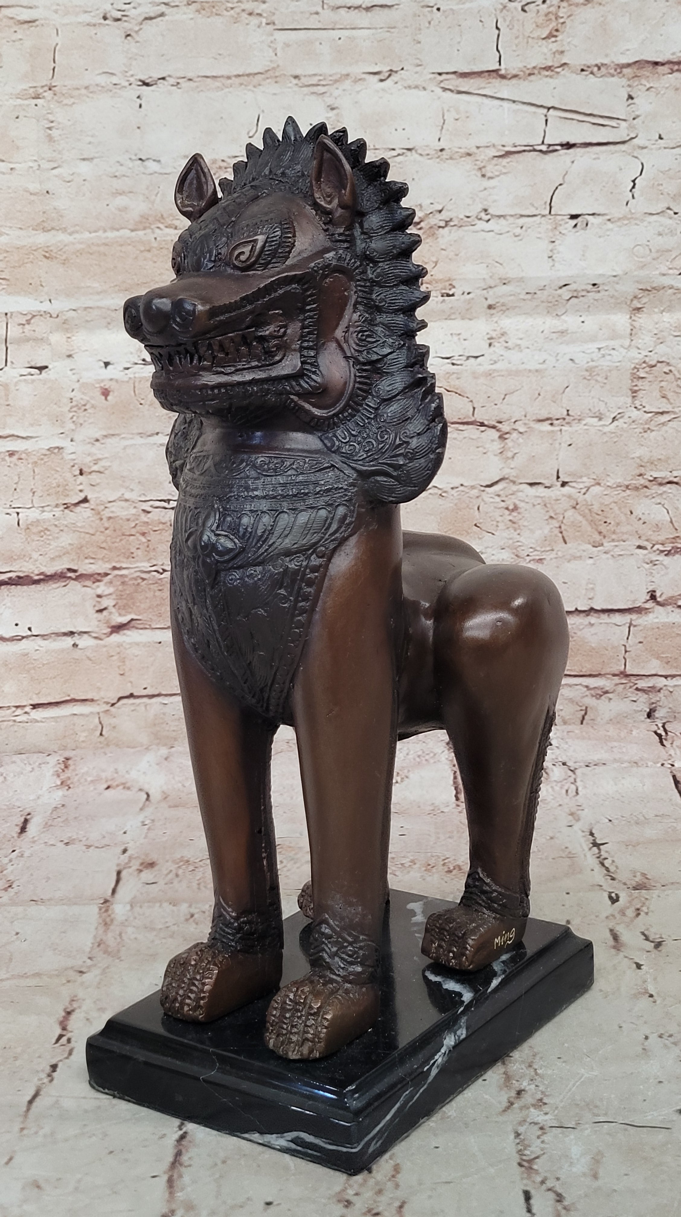 Handcrafted Bronze Temple Lion Statues Thailand Foo Dogs on Marble