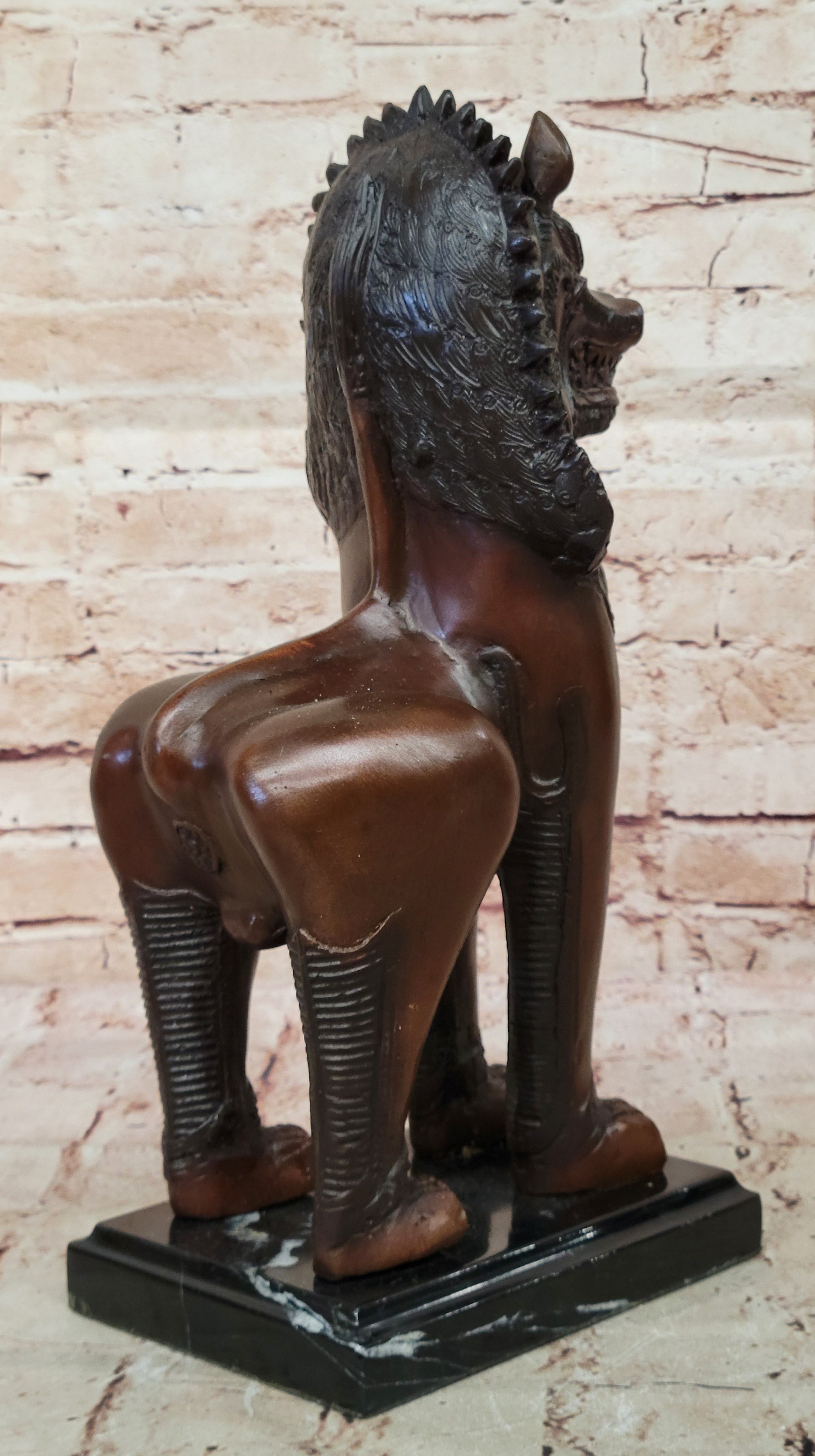 Handcrafted Bronze Temple Lion Statues Thailand Foo Dogs on Marble