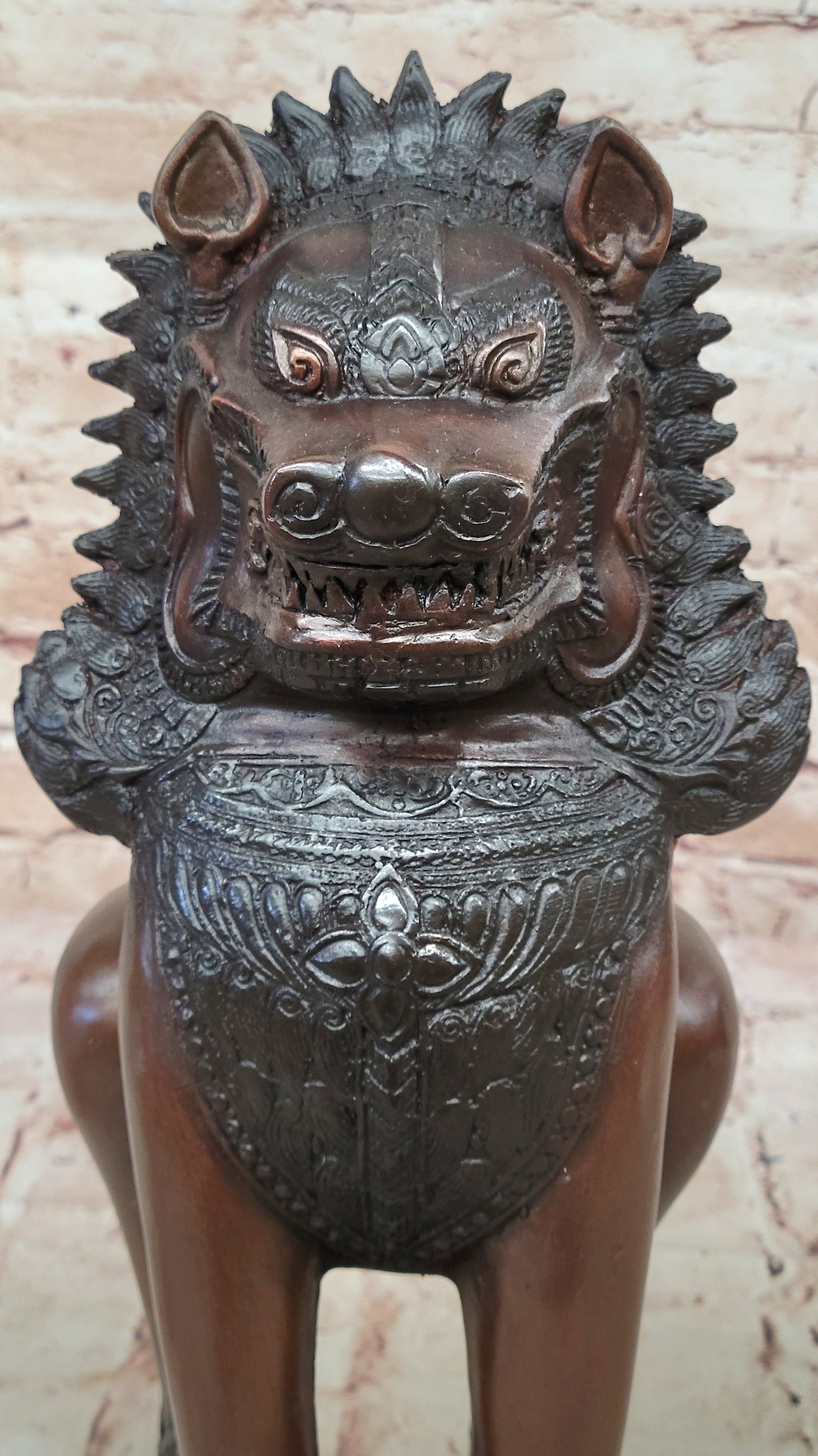 Handcrafted Bronze Temple Lion Statues Thailand Foo Dogs on Marble