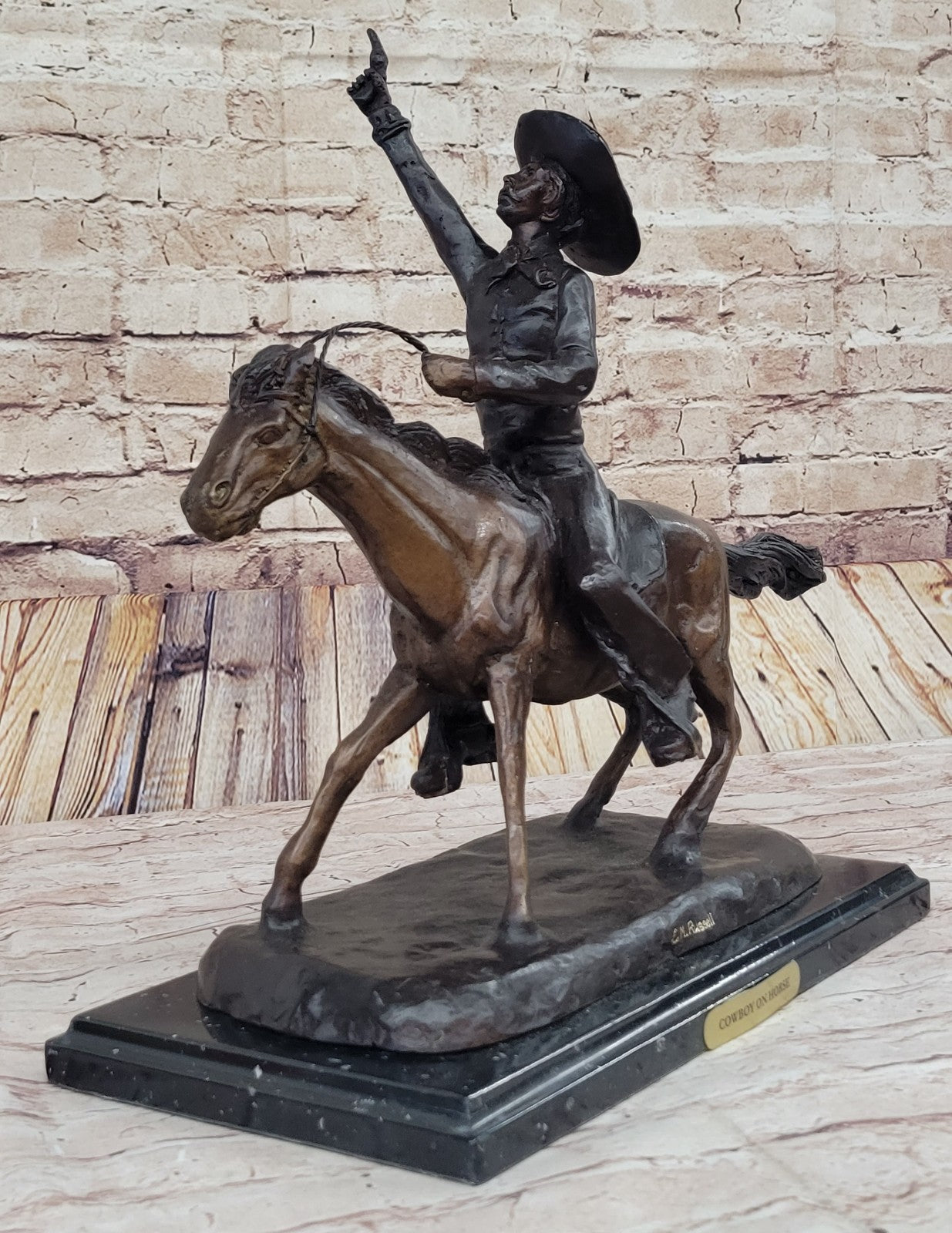 Bronze Cowboy Sculpture Lasso Western Horse Fine Art Remington Russell 23lb 17in
