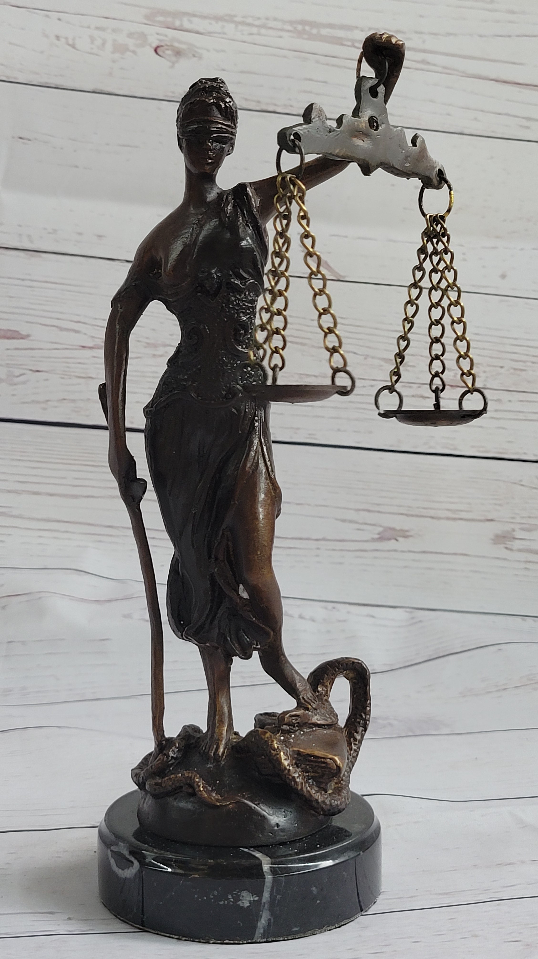 10" Tall BRONZE BLIND JUSTICE LAW MARBLE STATUE LADY SCALE Sculpture Nouveau Art