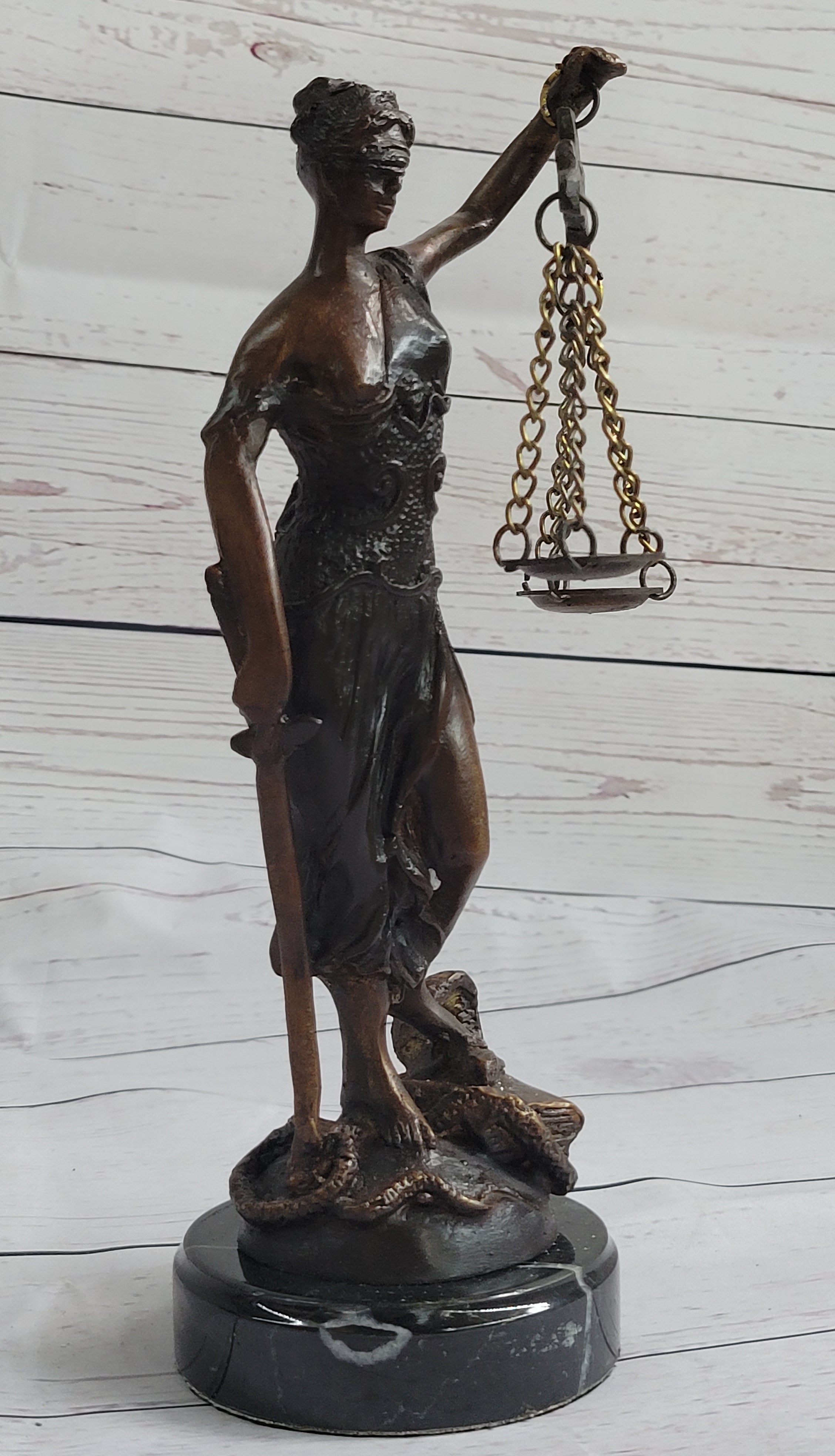 10" Tall BRONZE BLIND JUSTICE LAW MARBLE STATUE LADY SCALE Sculpture Nouveau Art