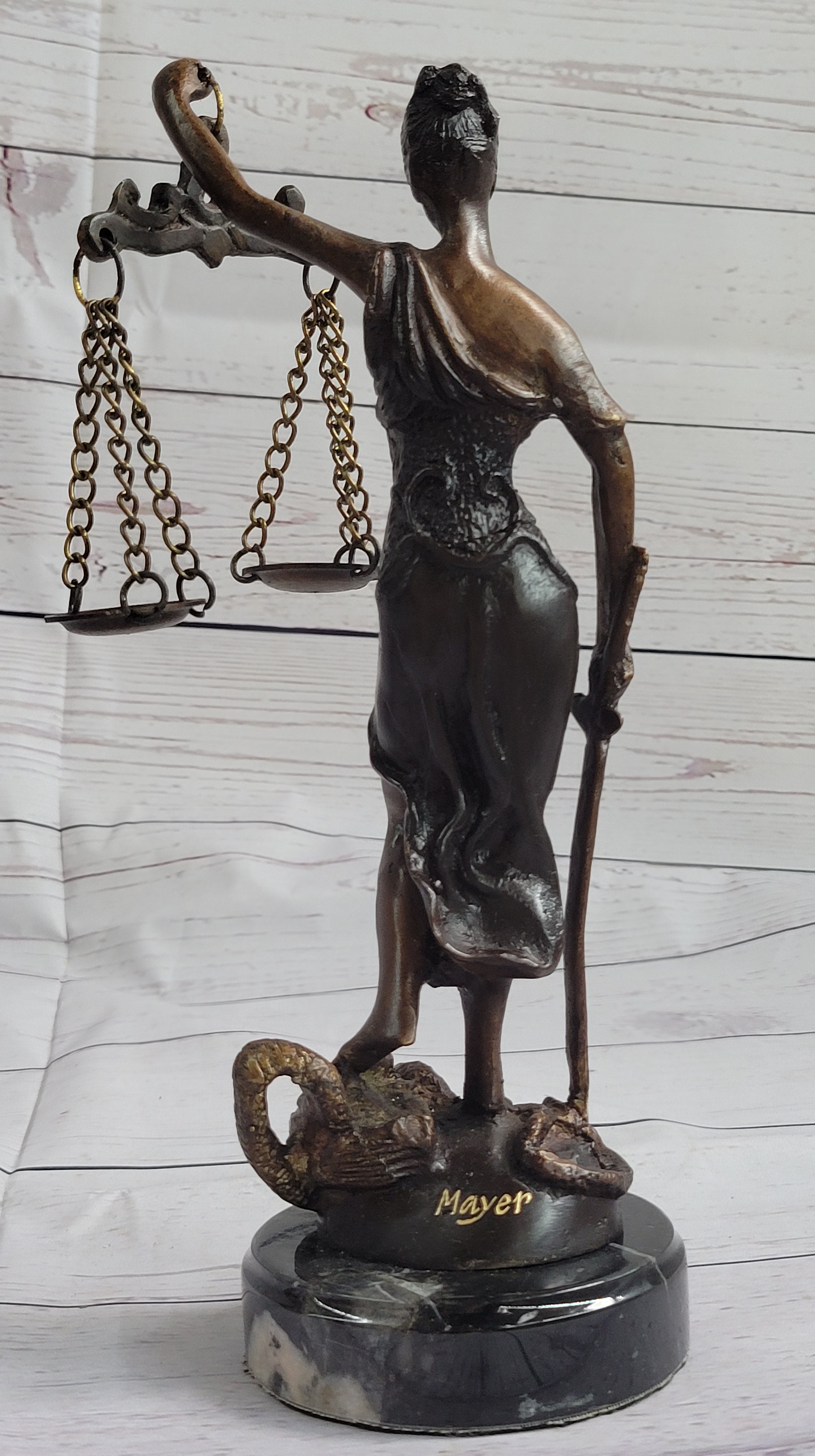 10" Tall BRONZE BLIND JUSTICE LAW MARBLE STATUE LADY SCALE Sculpture Nouveau Art