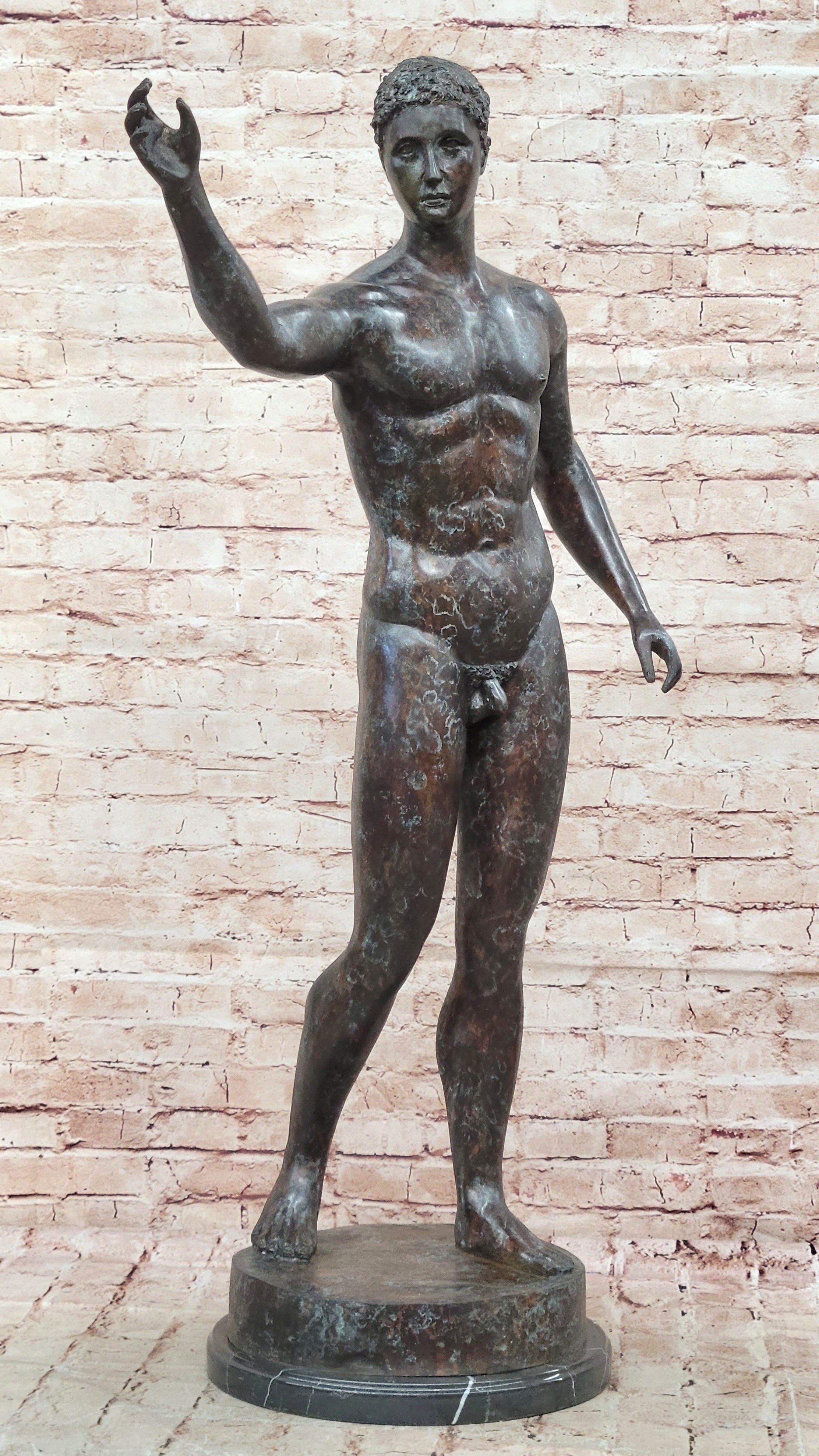 Classic Rodin Age of Bronze Elegant Male Nude Figure Marble Statue Sculpture