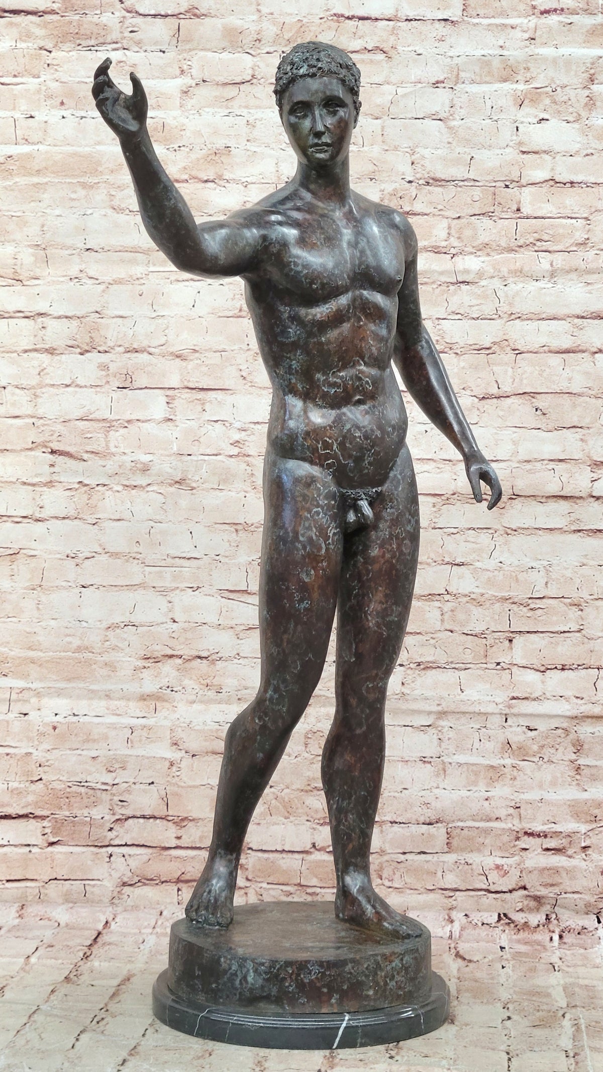Classic Rodin Age of Bronze Elegant Male Nude Figure Marble Statue Sculpture