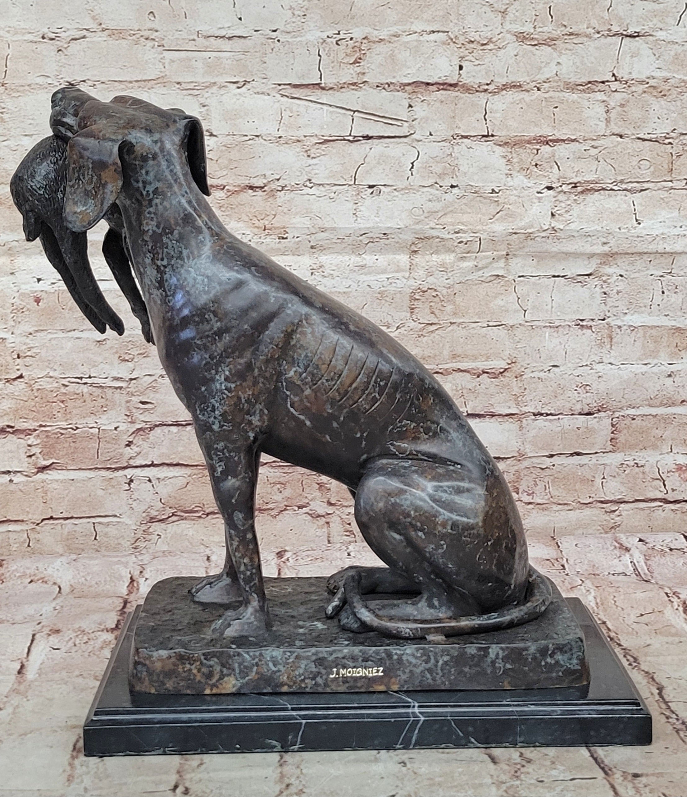 40 cm Western Art Deco pure Bronze hunting dog catch hunt rabbit hare Sculpture