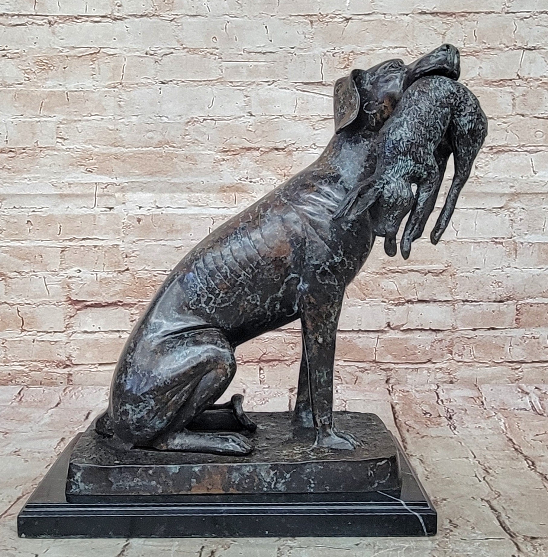 40 cm Western Art Deco pure Bronze hunting dog catch hunt rabbit hare Sculpture