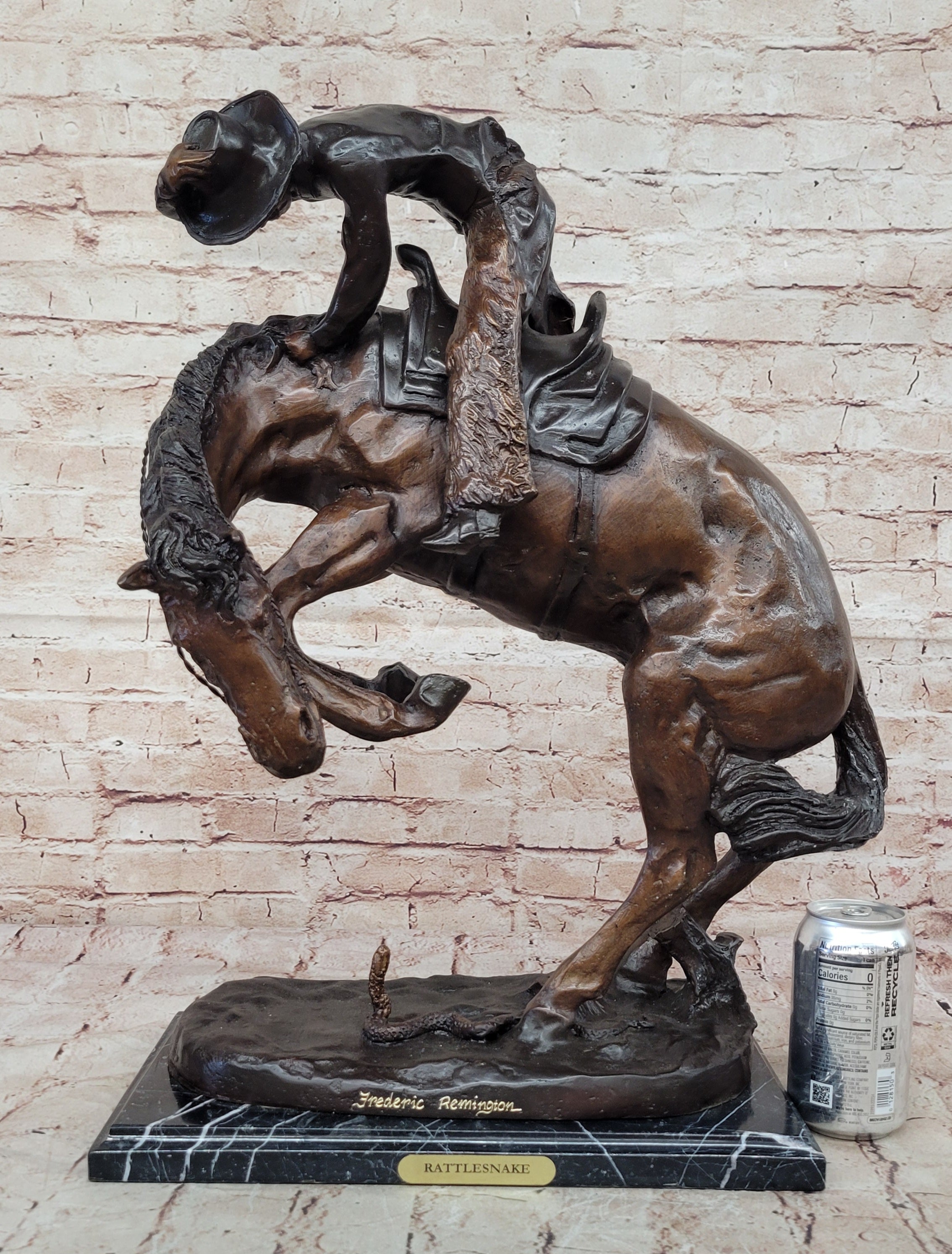 Signed Frederic Remington Cowboy on horse batteling a Rattle Snake Bronze Figure