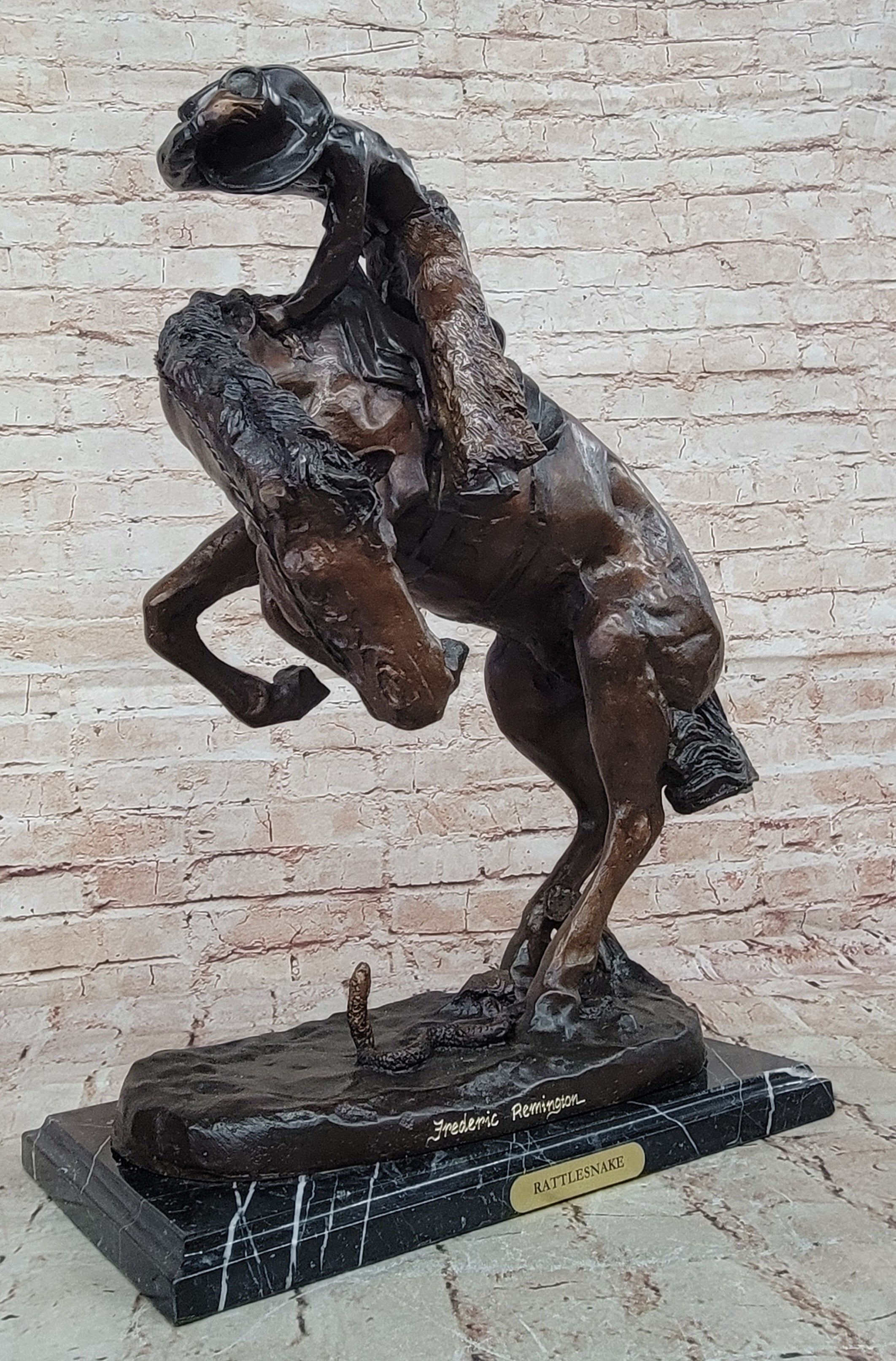 Signed Frederic Remington Cowboy on horse batteling a Rattle Snake Bronze Figure