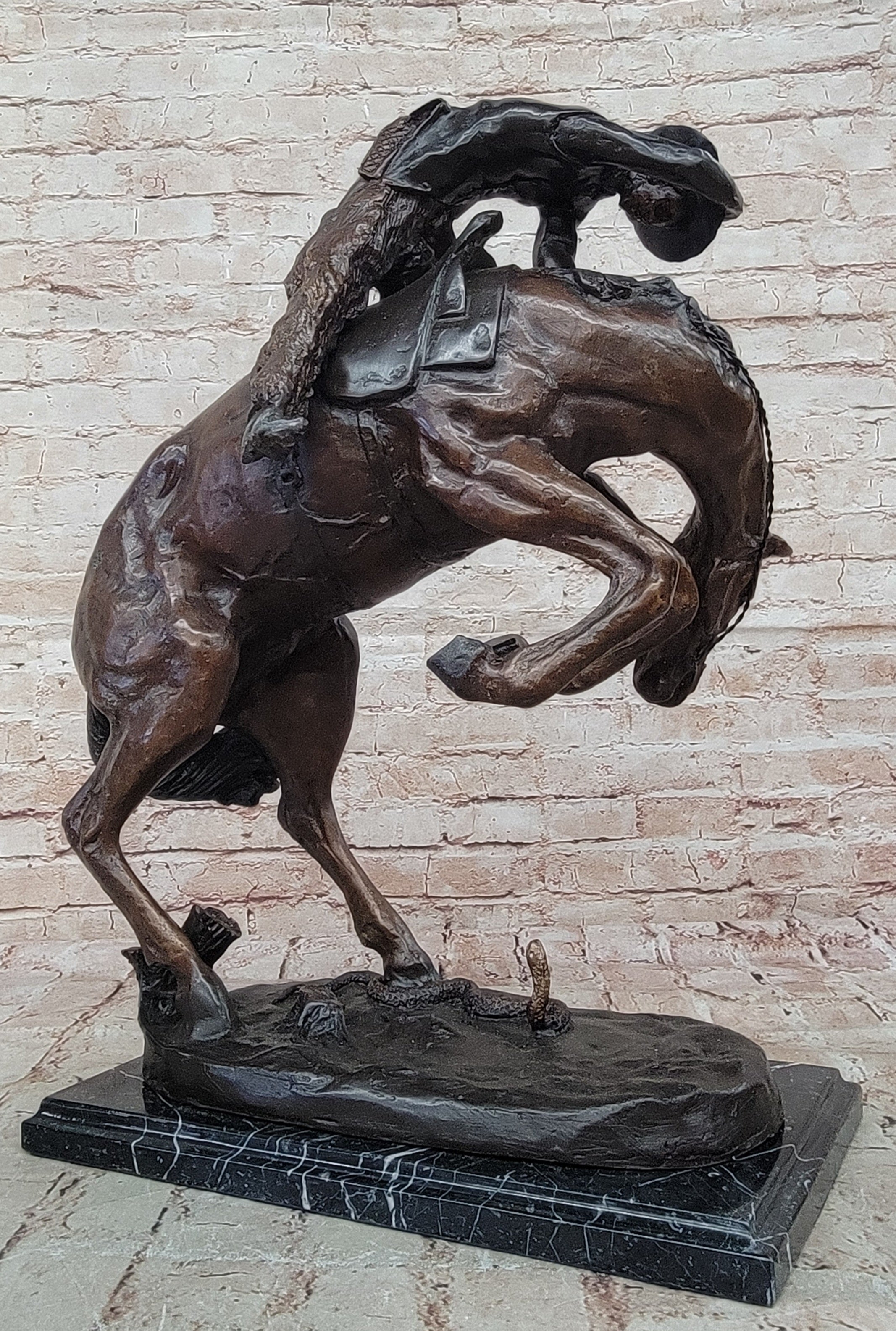 Signed Frederic Remington Cowboy on horse batteling a Rattle Snake Bronze Figure
