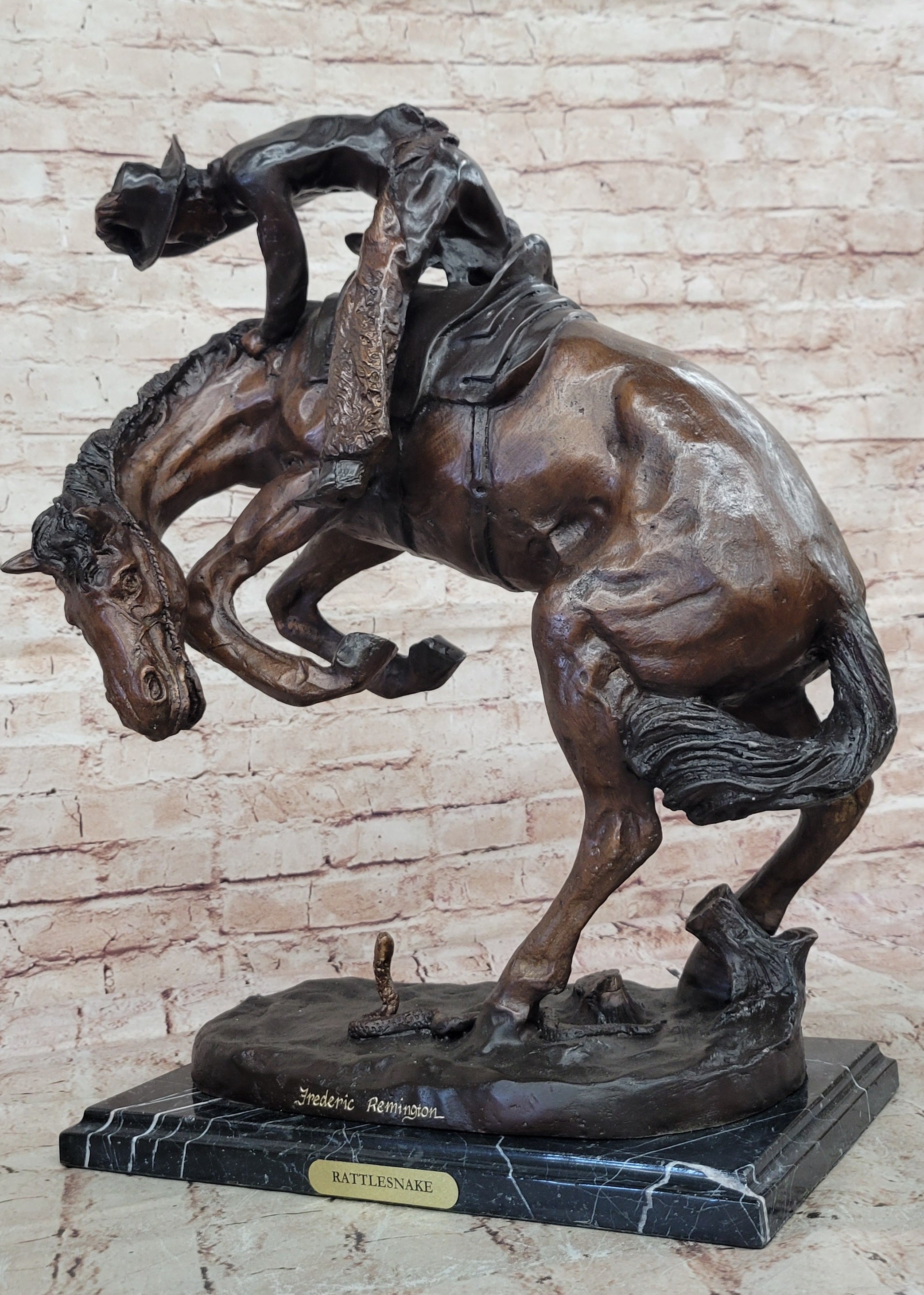 Signed Frederic Remington Cowboy on horse batteling a Rattle Snake Bronze Figure