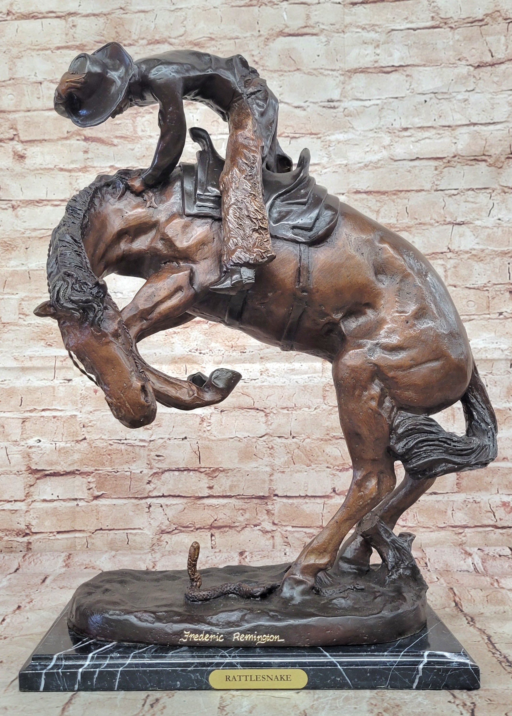 Signed Frederic Remington Cowboy on horse batteling a Rattle Snake Bronze Figure