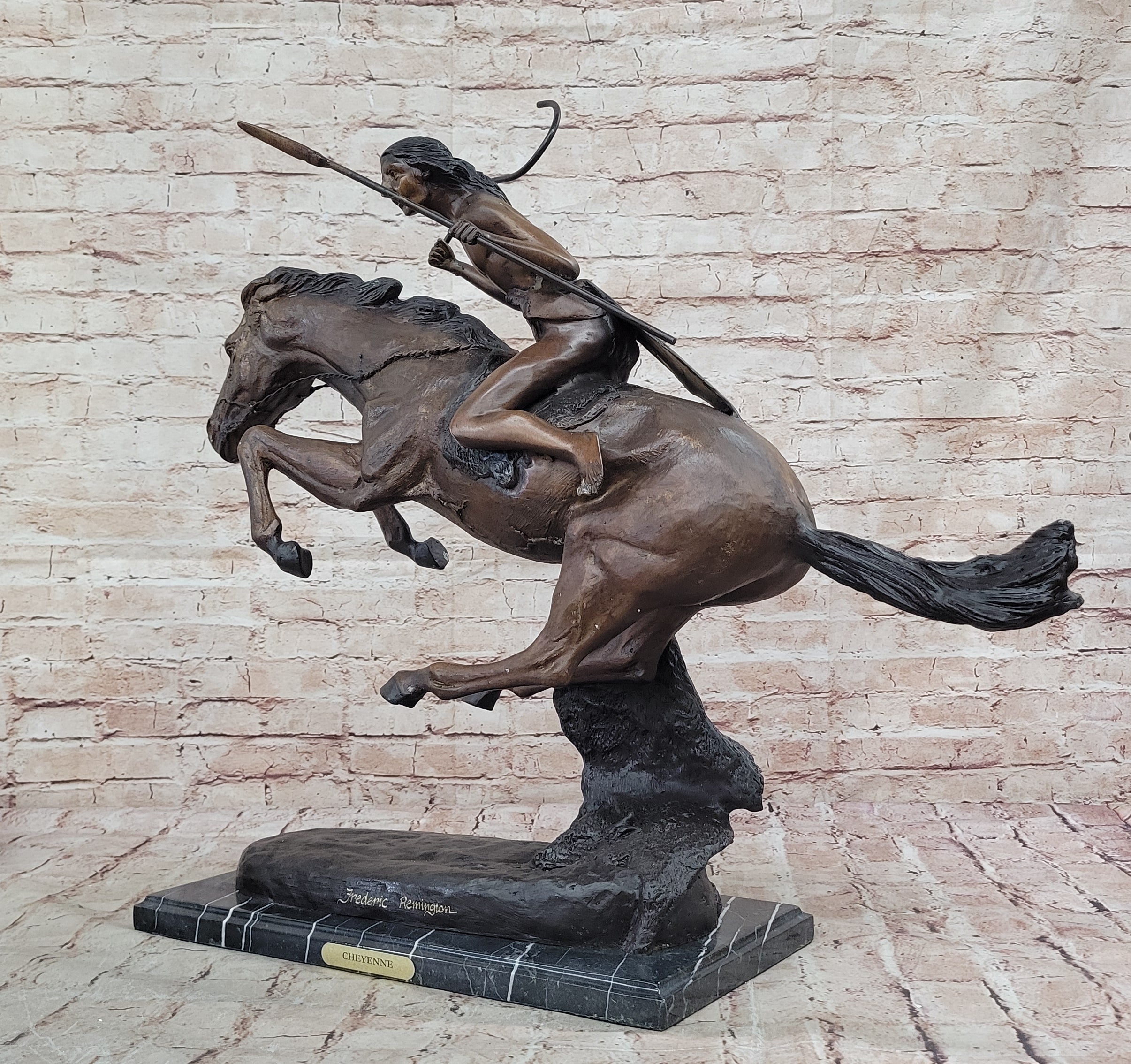 LARGE VINTAGE BRONZE SCULPTURE "THE CHEYENNE"BY FREDERIC REMINGTON 27" LENGTH