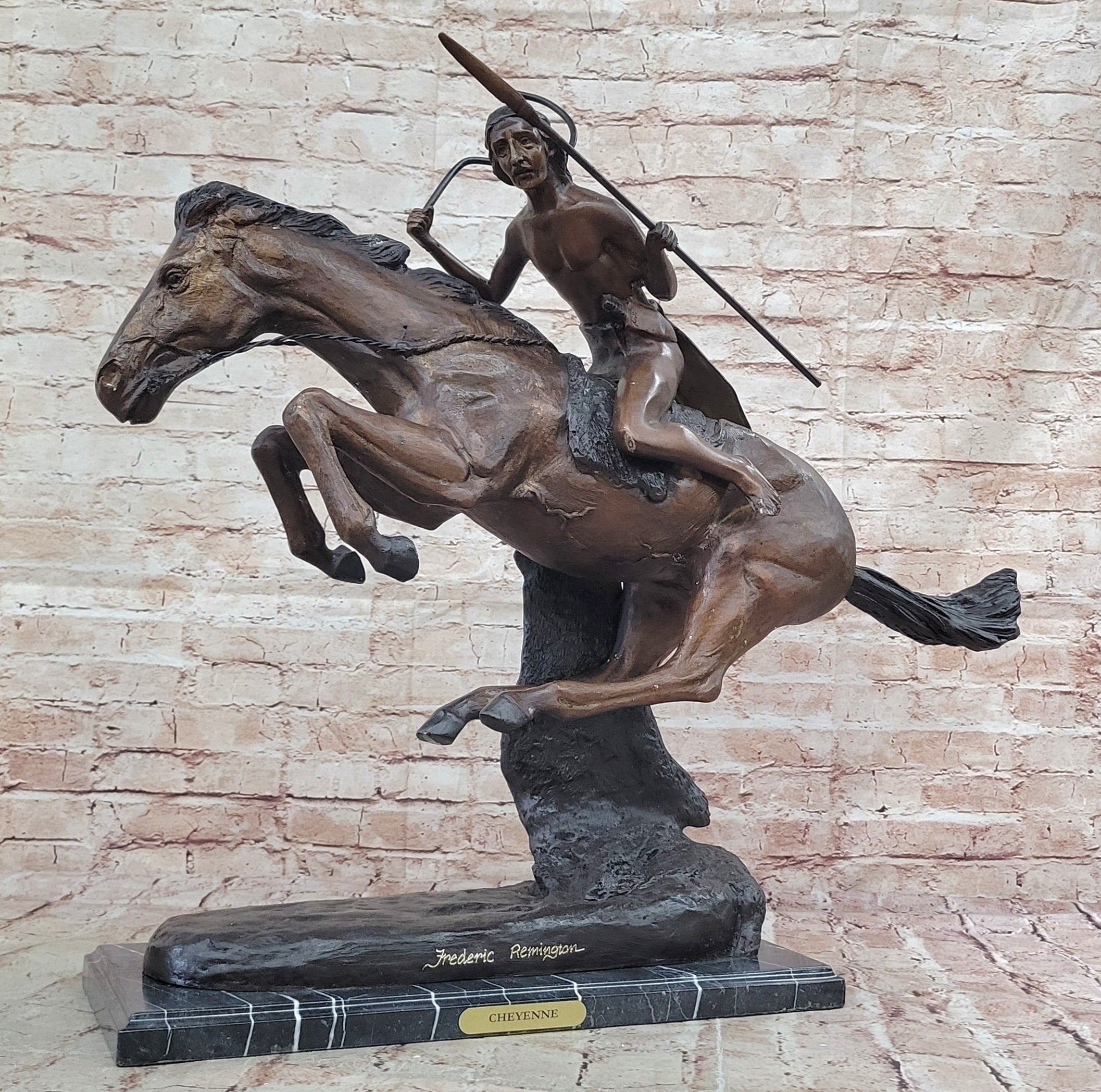 LARGE VINTAGE BRONZE SCULPTURE "THE CHEYENNE"BY FREDERIC REMINGTON 27" LENGTH