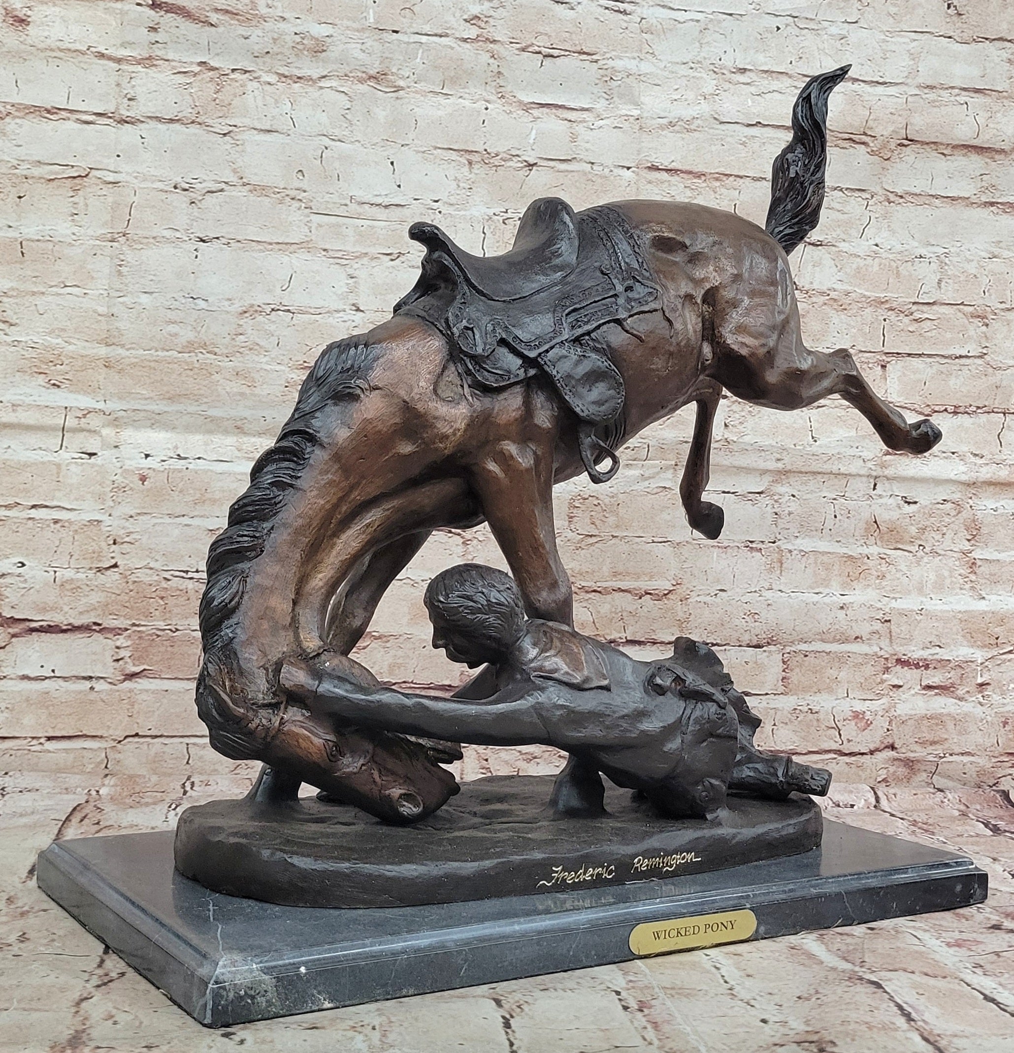 Lost Wax Large Bronze Statue -"Wicked Pony" by Fredrick Remington on marble base