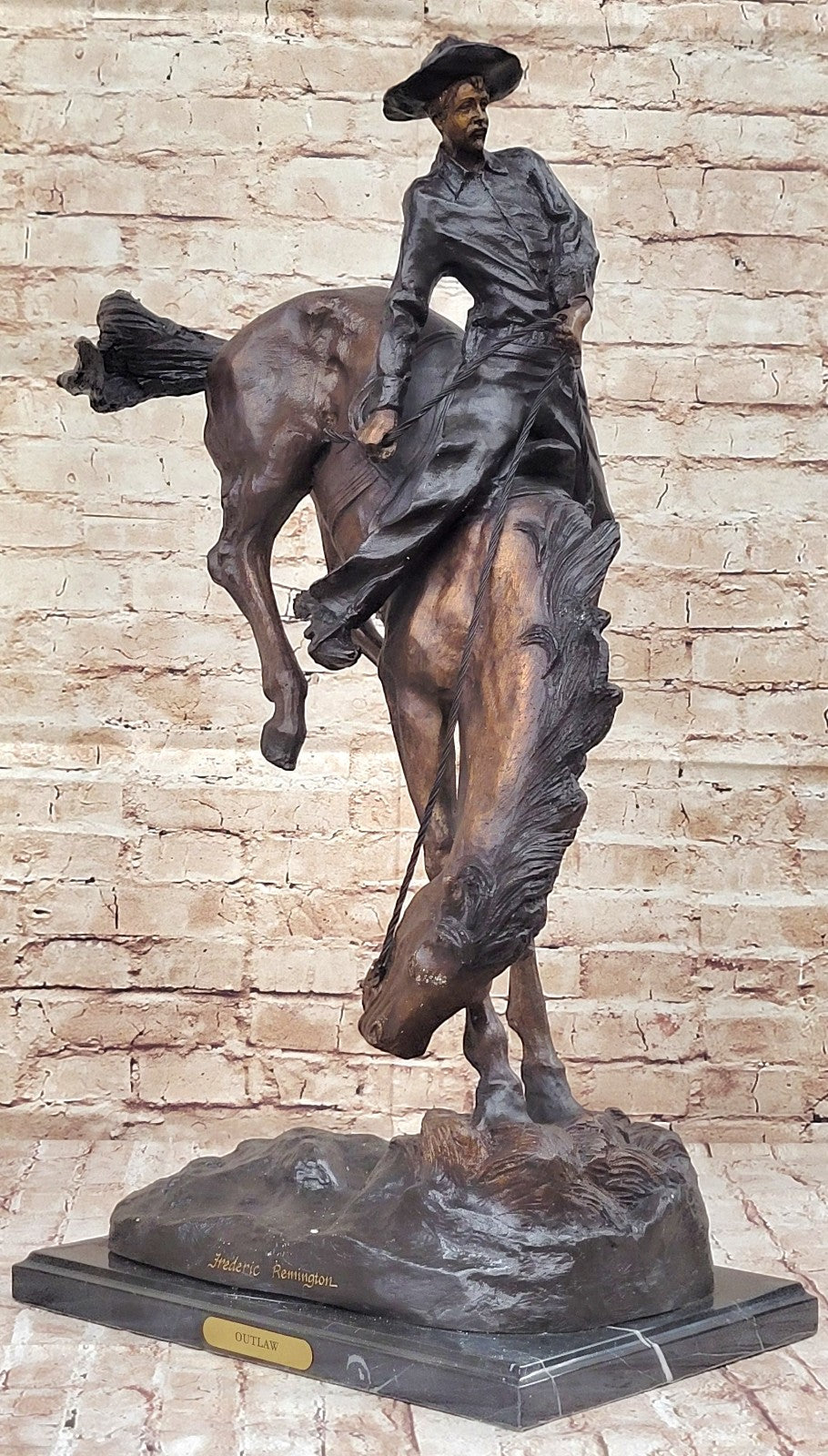 Cowboy" Pure Bronze Statue Sculpture by F. Remington, Full Size, Signed Figurine