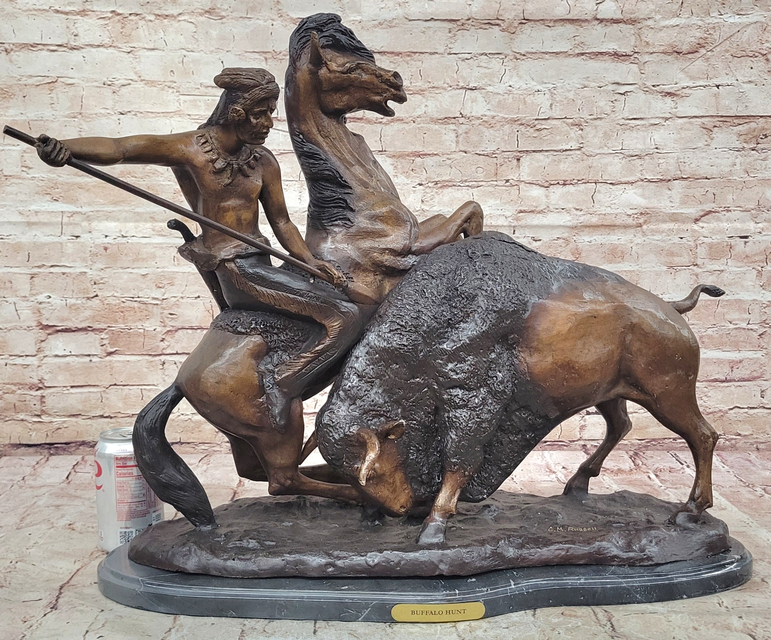 Handcrafted bronze sculpture SALE By Russell Solid Collectible Hunt" Buffalo *