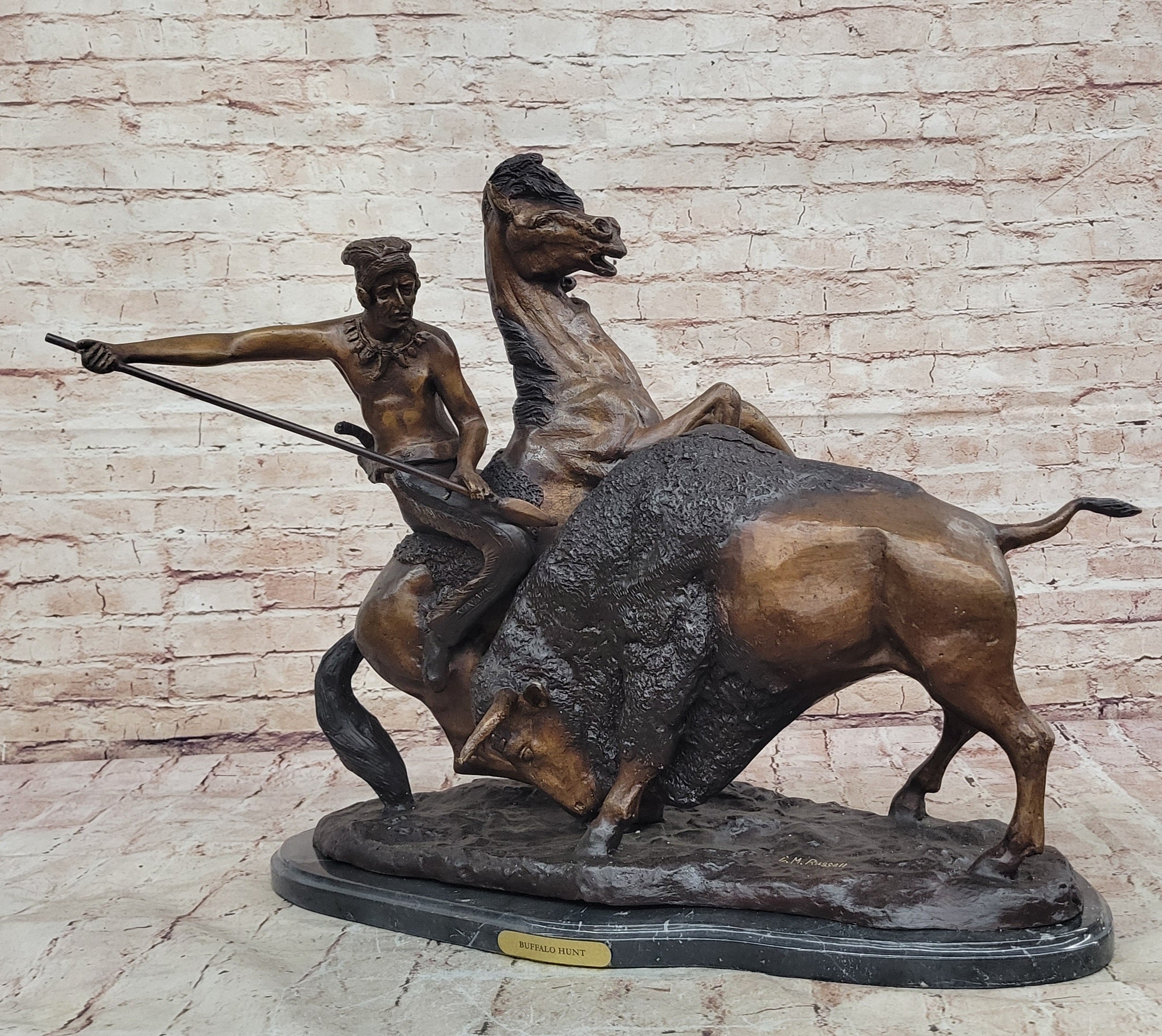Handcrafted bronze sculpture SALE By Russell Solid Collectible Hunt" Buffalo *