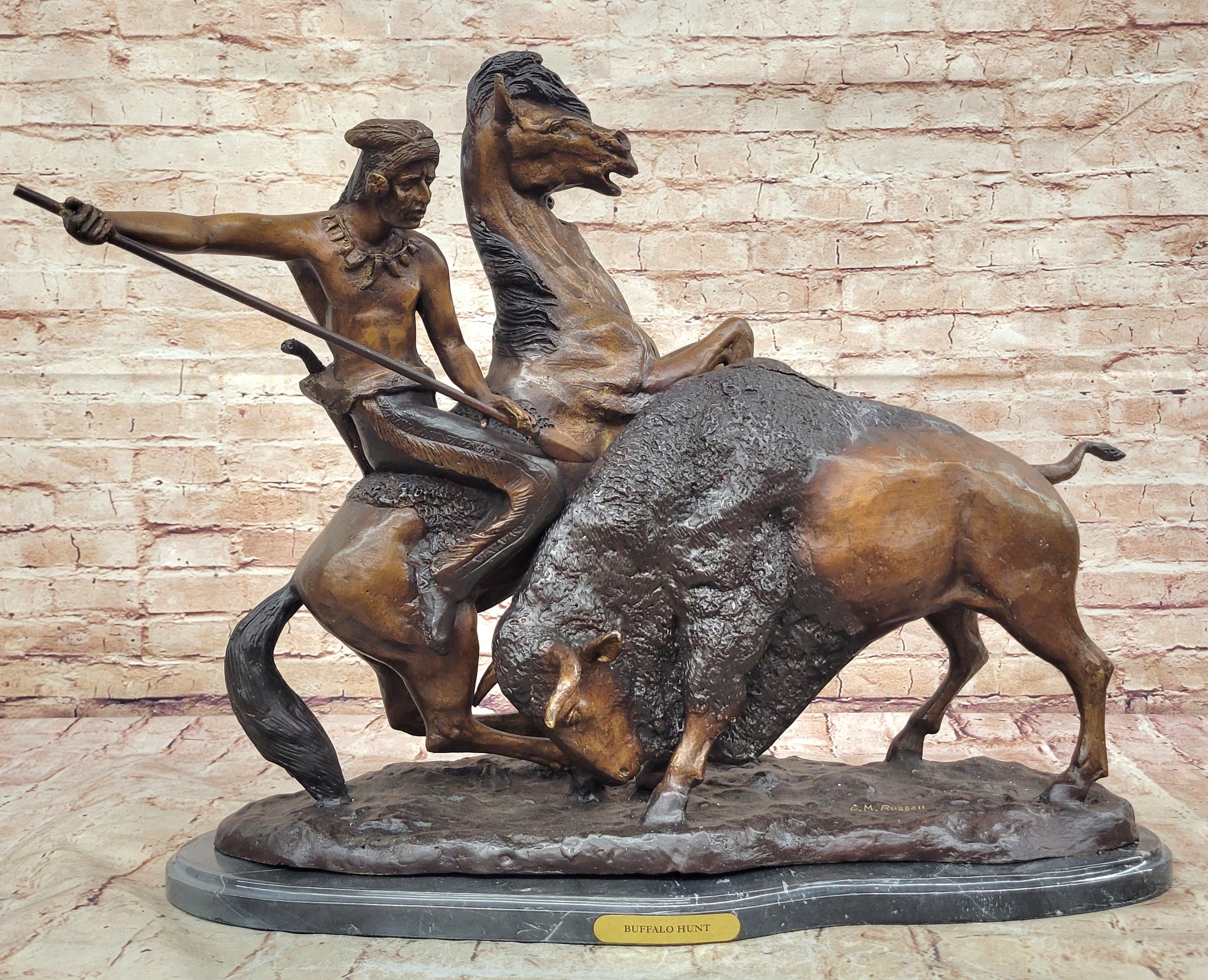 Handcrafted bronze sculpture SALE By Russell Solid Collectible Hunt" Buffalo *