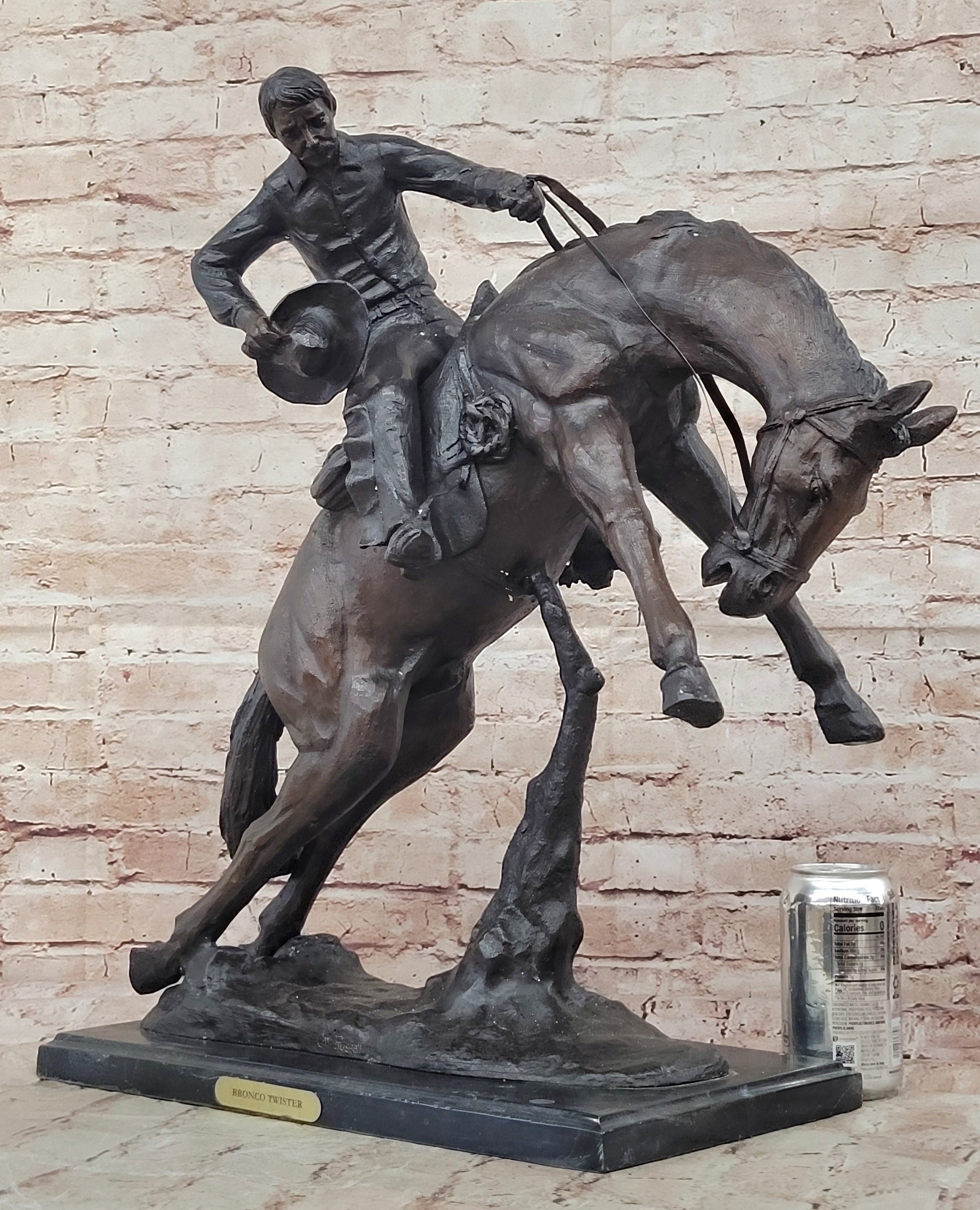 Bronze Sculpture Hand Made Huge Bronco Buster Cowboy on Horse Figurine Figure