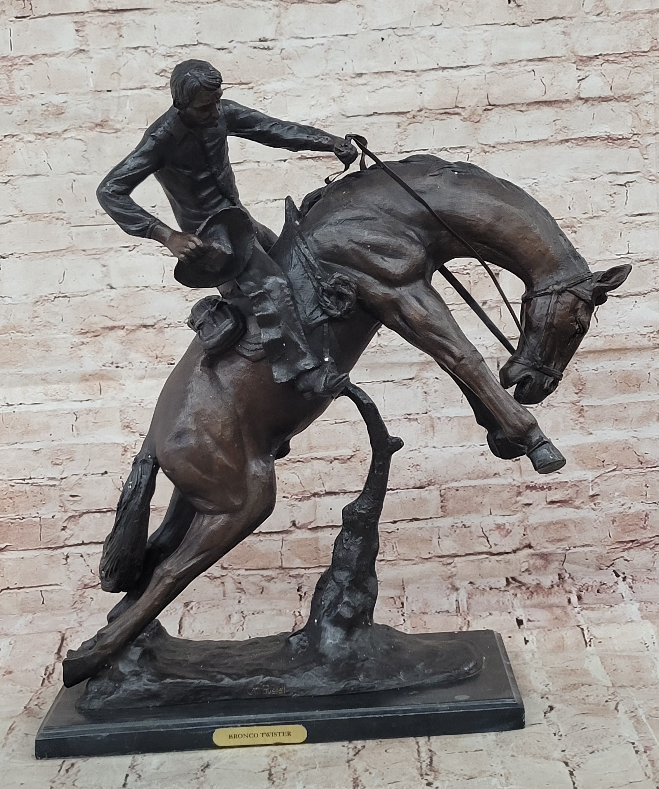 Bronze Sculpture Hand Made Huge Bronco Buster Cowboy on Horse Figurine Figure