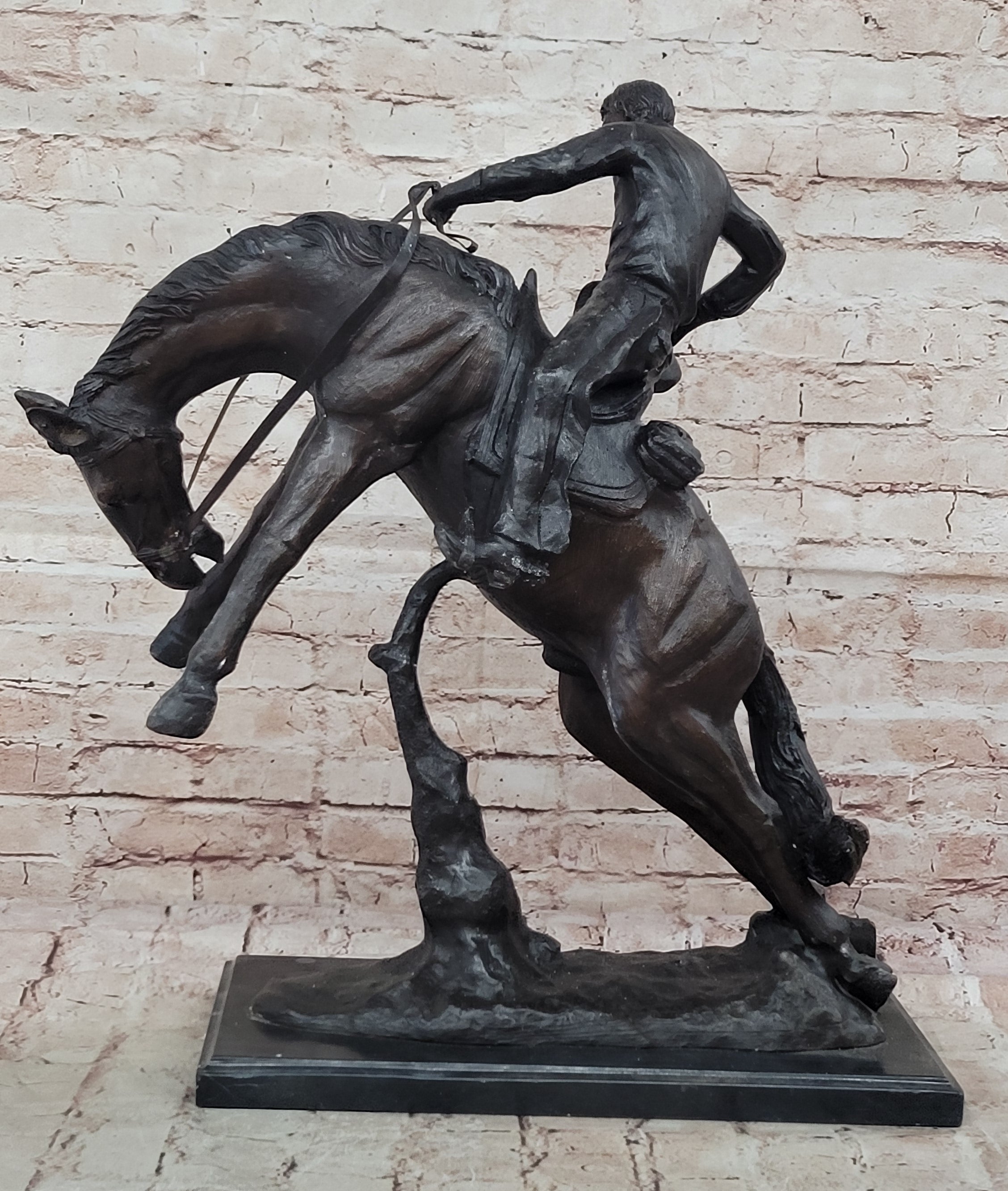 Bronze Sculpture Hand Made Huge Bronco Buster Cowboy on Horse Figurine Figure
