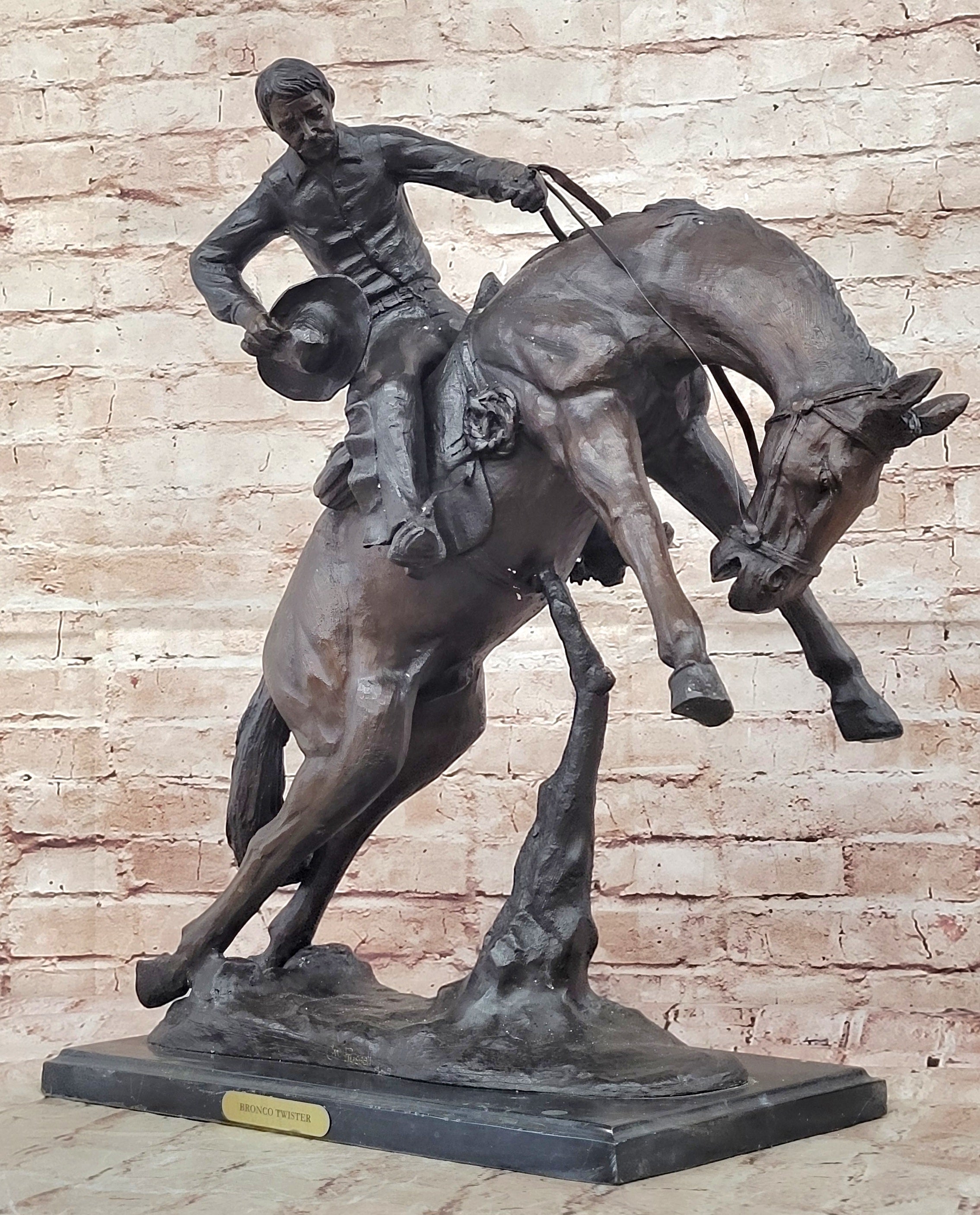 Bronze Sculpture Hand Made Huge Bronco Buster Cowboy on Horse Figurine Figure