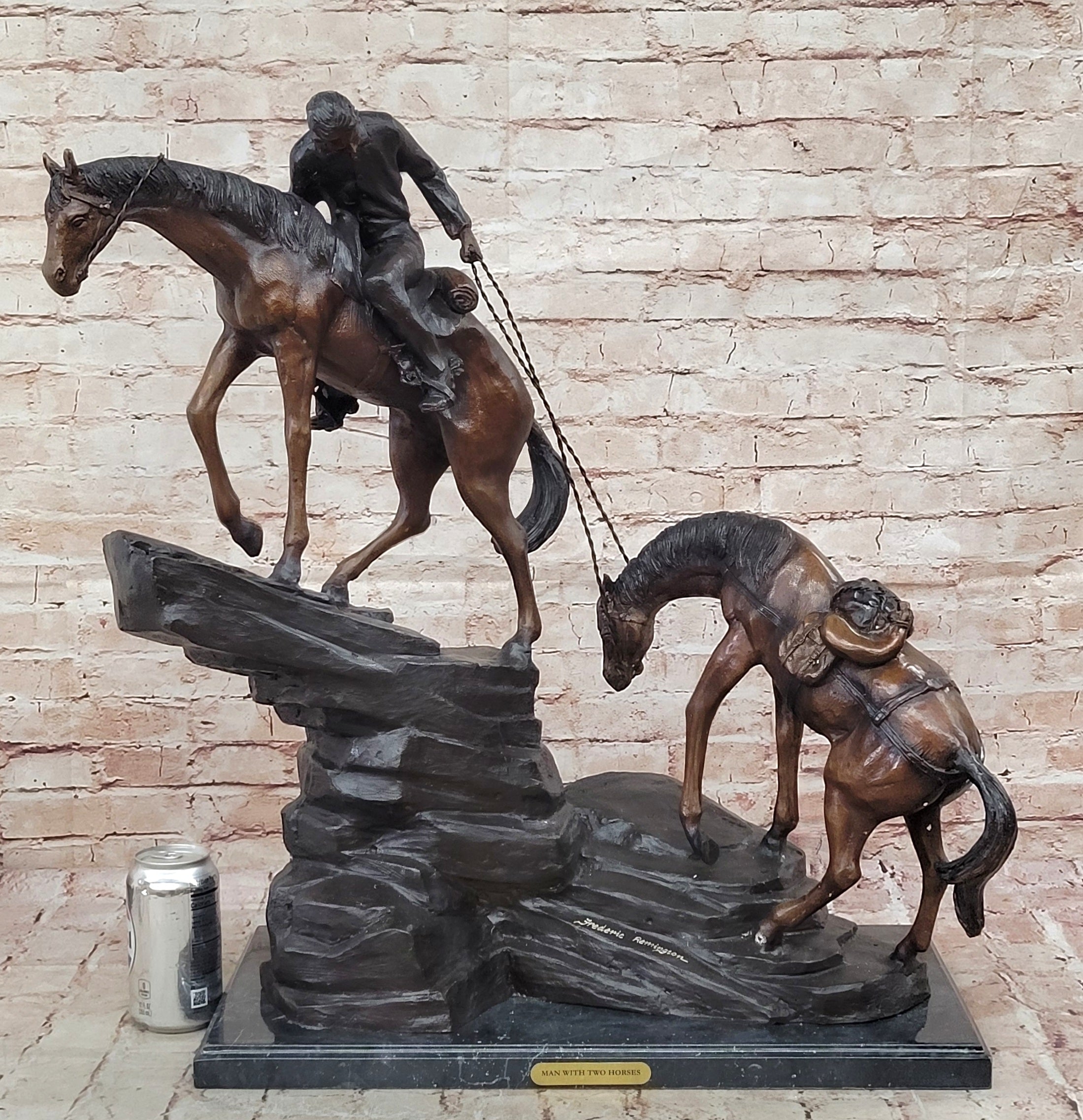 Buy Frederick Remington Bronze Sculpture “Up the Hill” – Cowboy & Two Horses on Marble Base, Lost Wax