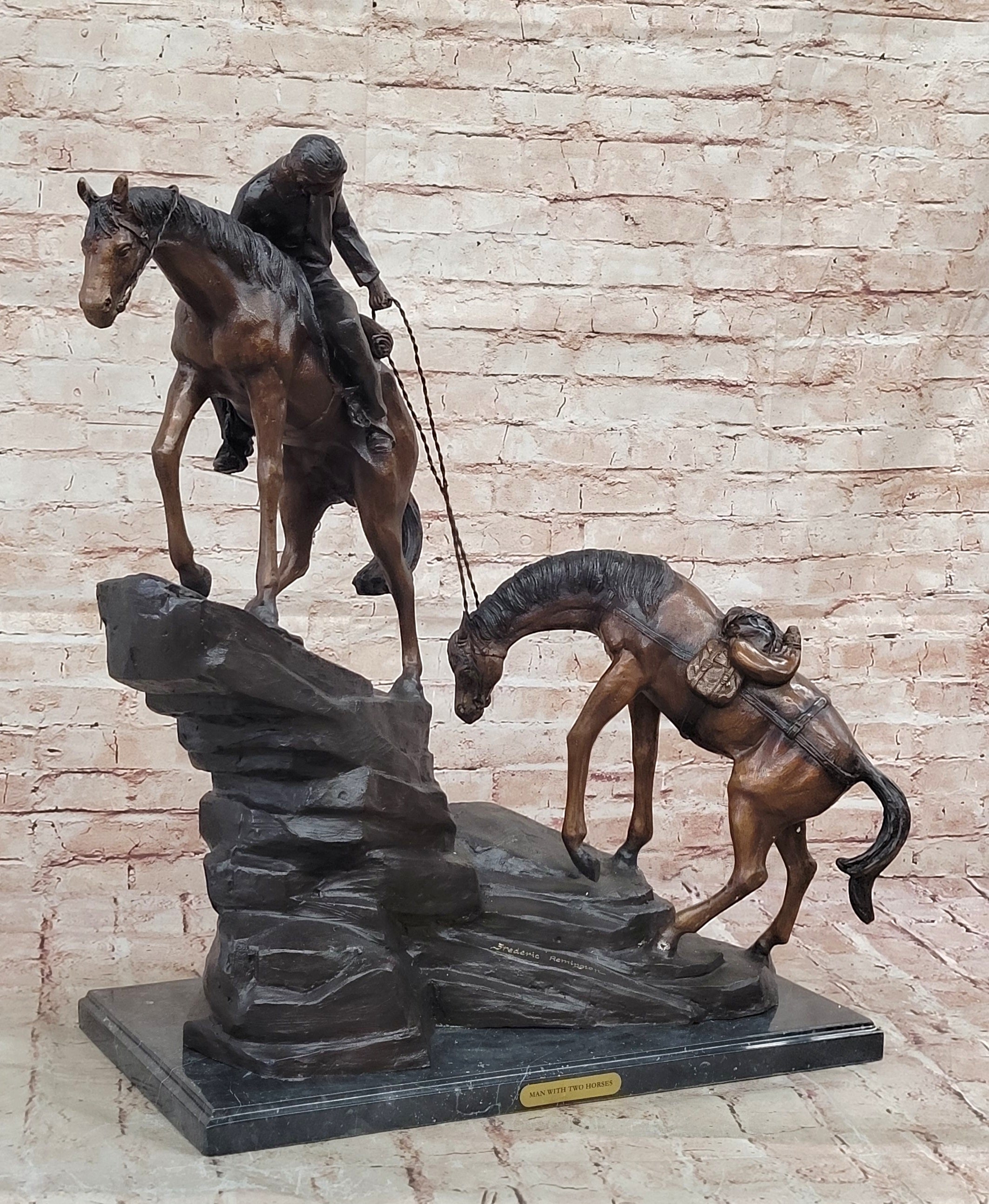 Buy Frederick Remington Bronze Sculpture “Up the Hill” – Cowboy & Two Horses on Marble Base, Lost Wax