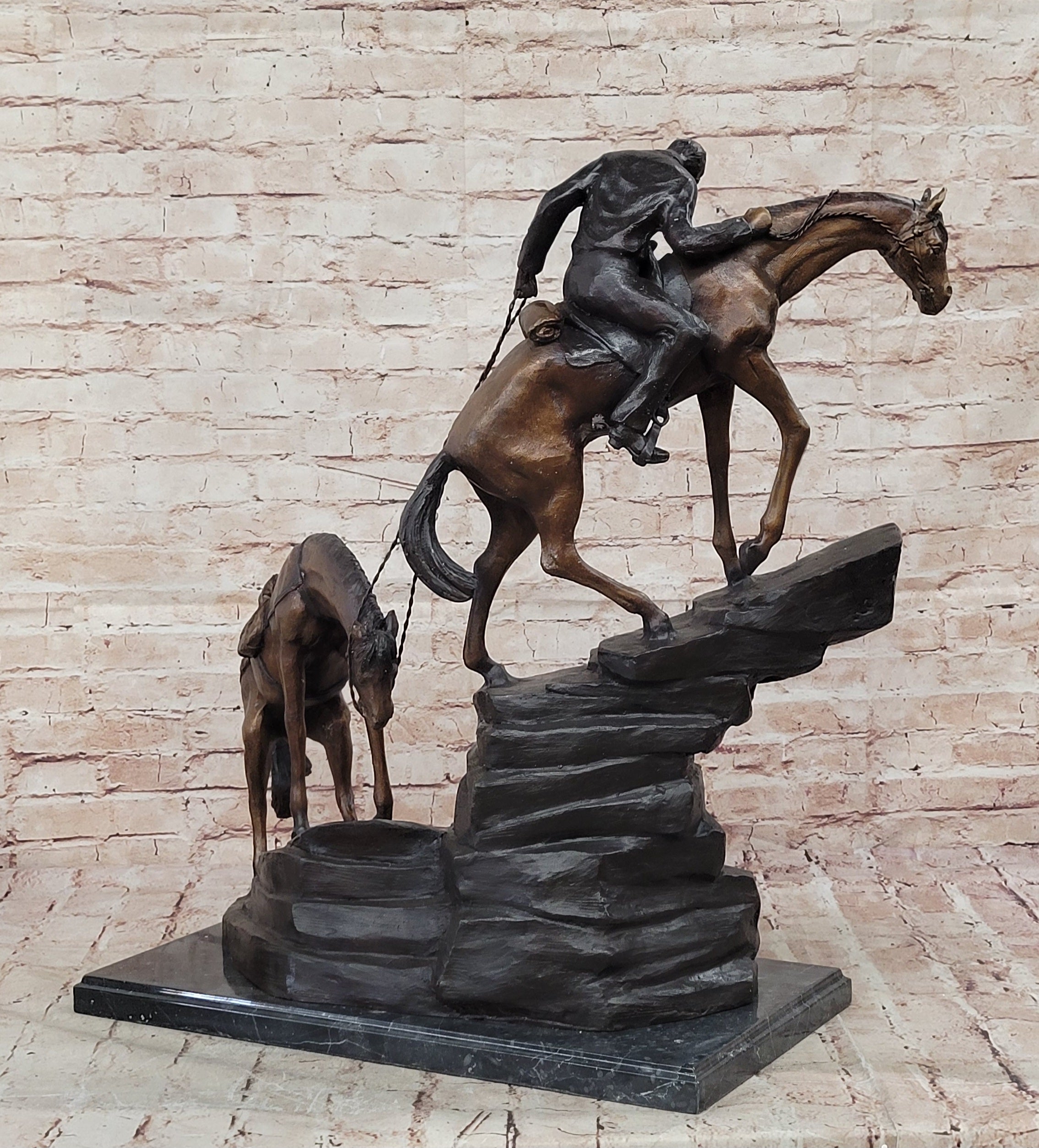 Buy Frederick Remington Bronze Sculpture “Up the Hill” – Cowboy & Two Horses on Marble Base, Lost Wax