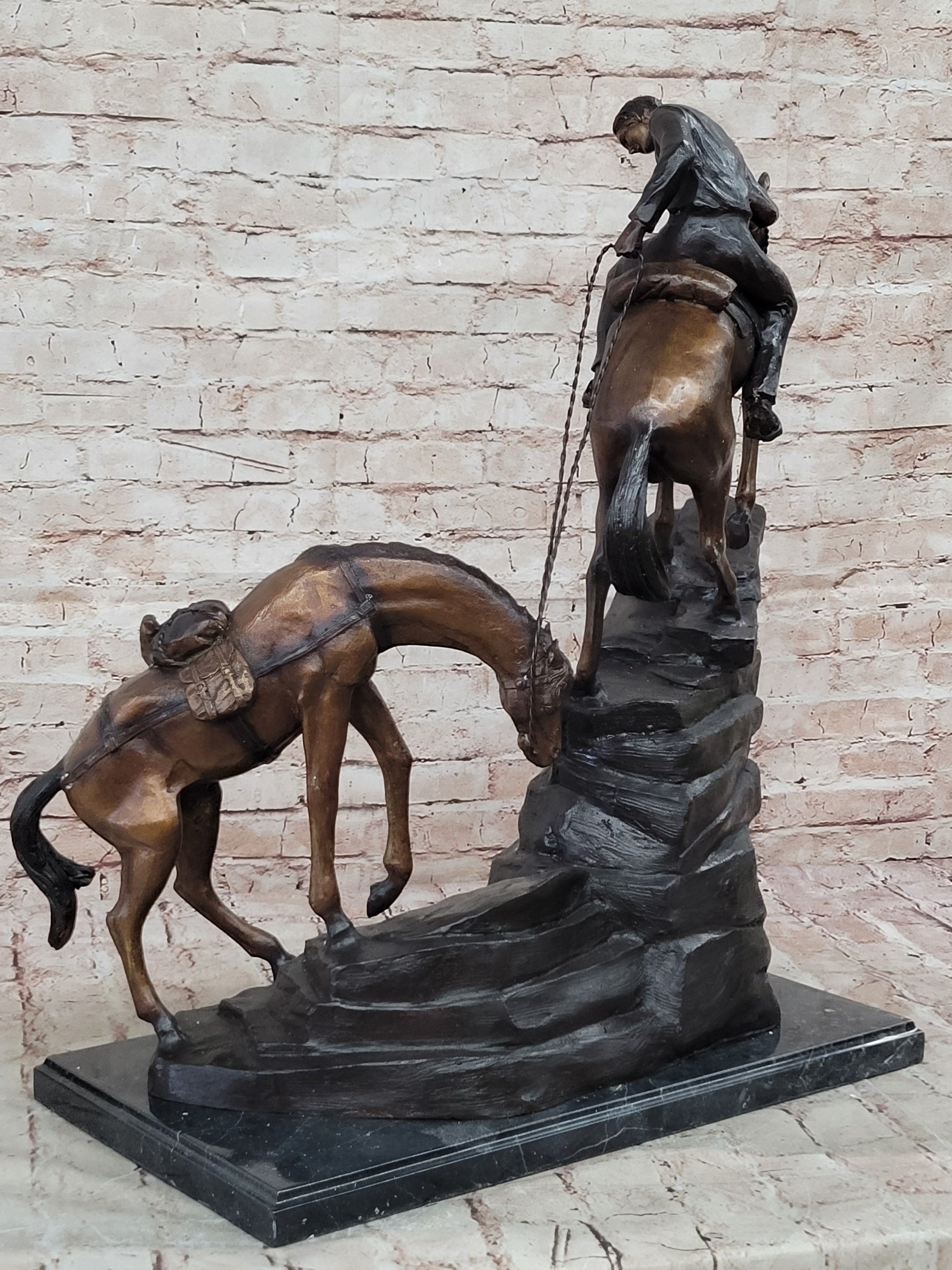 Buy Frederick Remington Bronze Sculpture “Up the Hill” – Cowboy & Two Horses on Marble Base, Lost Wax