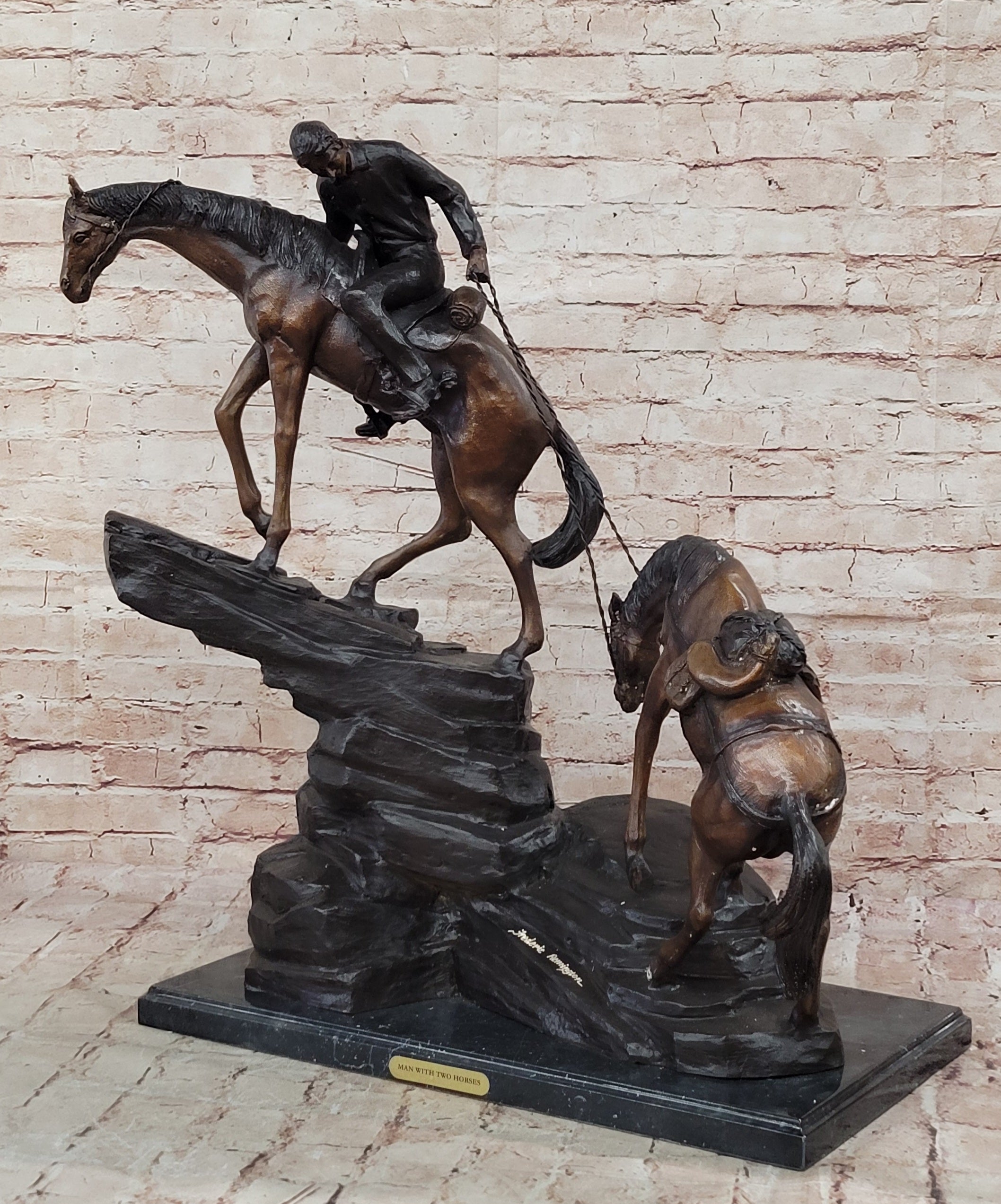 Buy Frederick Remington Bronze Sculpture “Up the Hill” – Cowboy & Two Horses on Marble Base, Lost Wax
