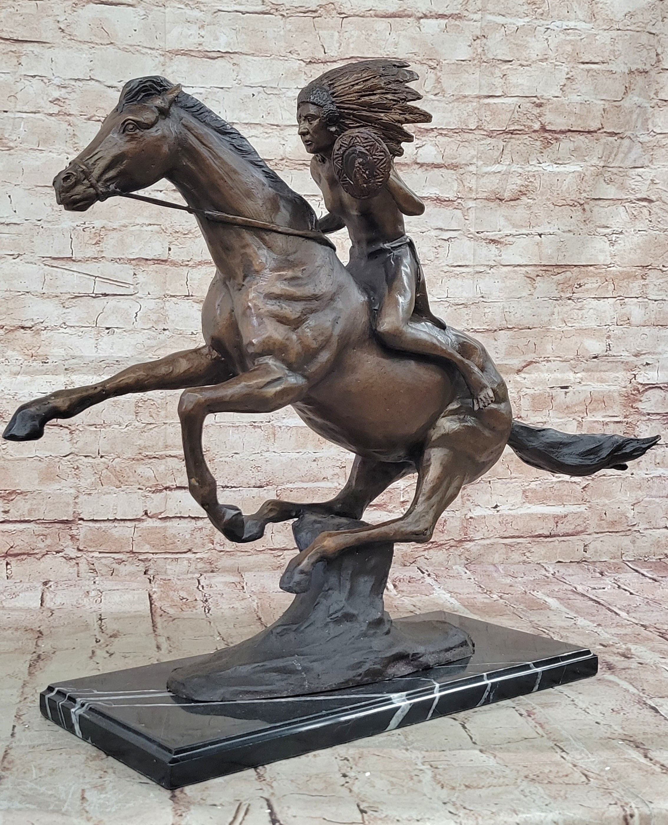 Signed Remington Native American Indian Riding Horse Bronze Sculpture Statue Art