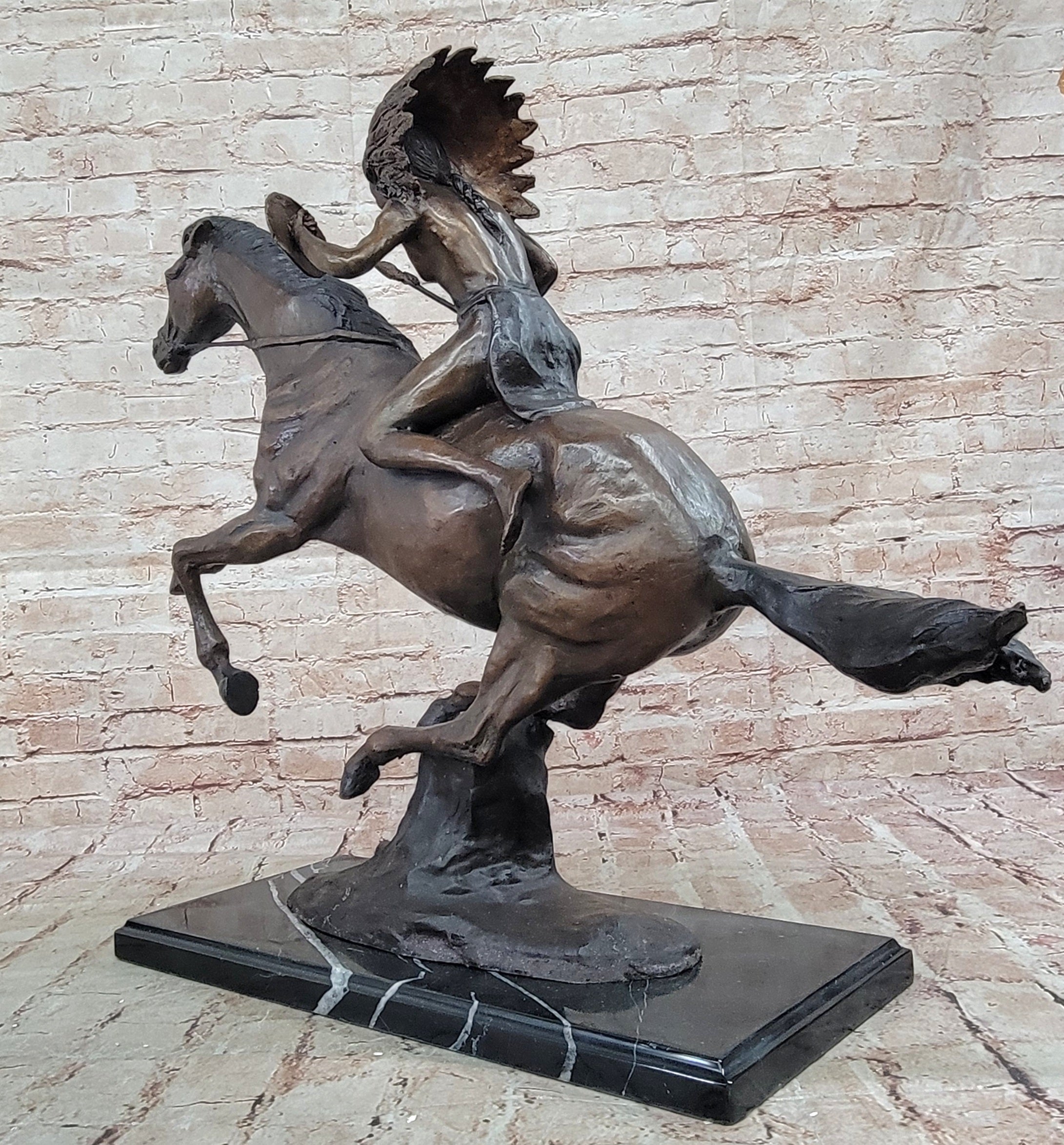 Signed Remington Native American Indian Riding Horse Bronze Sculpture Statue Art