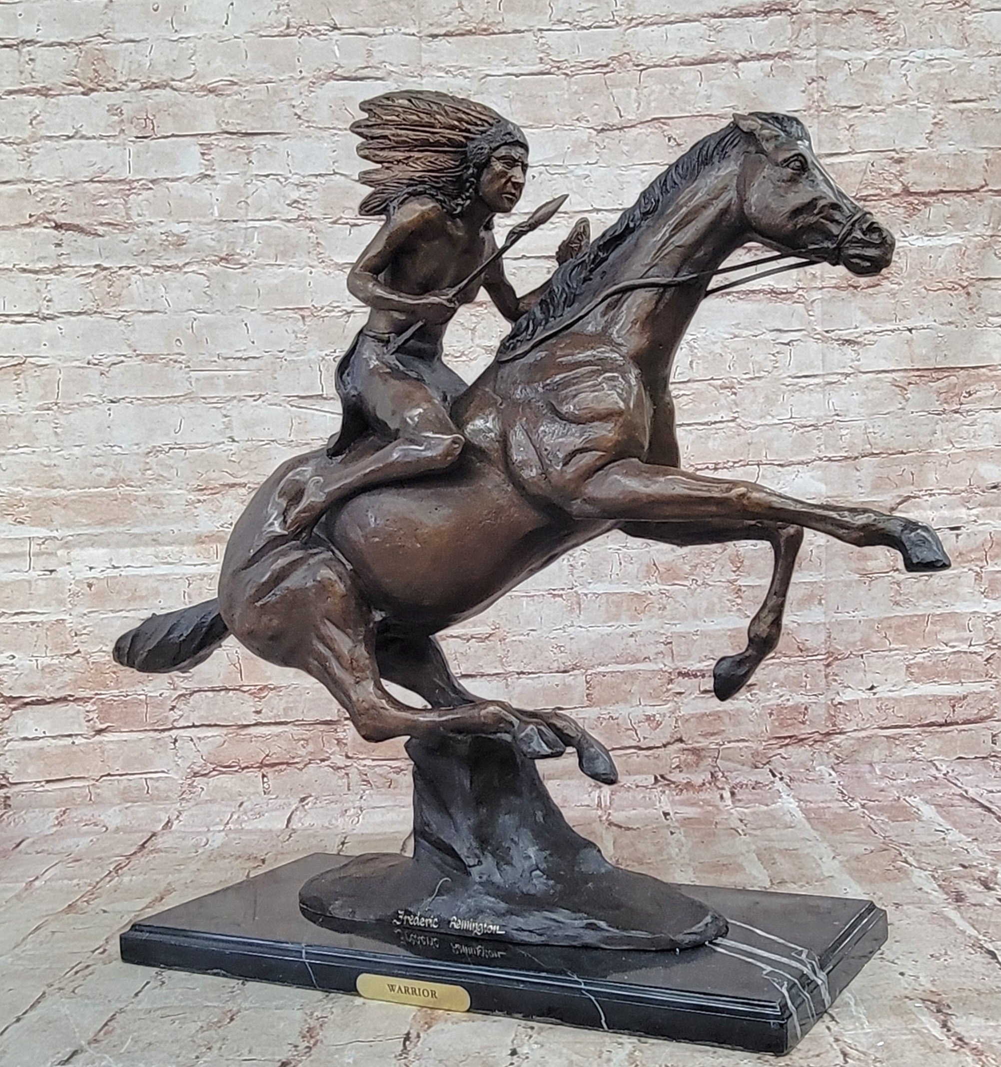 Signed Remington Native American Indian Riding Horse Bronze Sculpture Statue Art