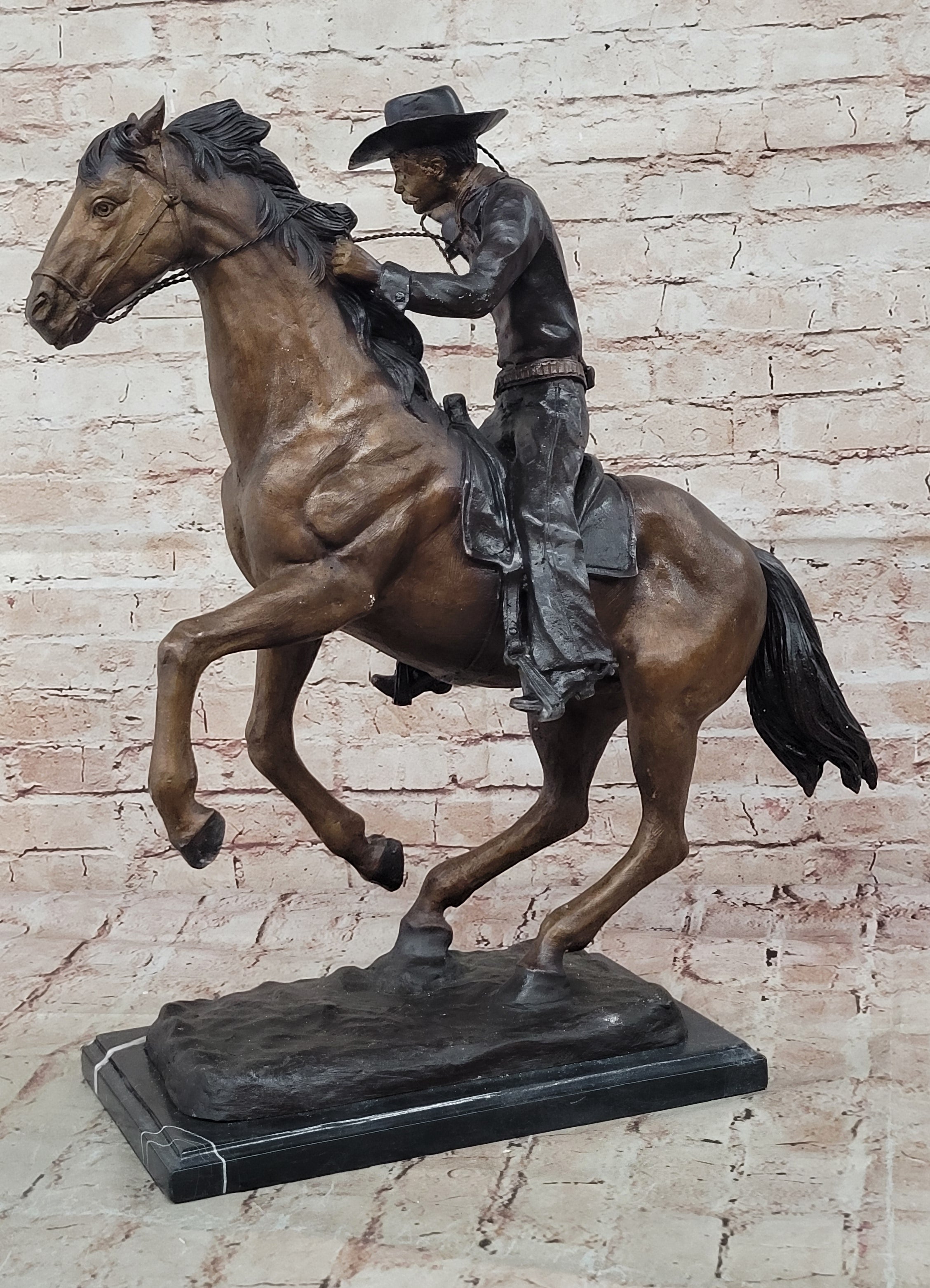 Old School Hot Cast Western Cowboy with His Horse Bronze Sculpture Marble Base