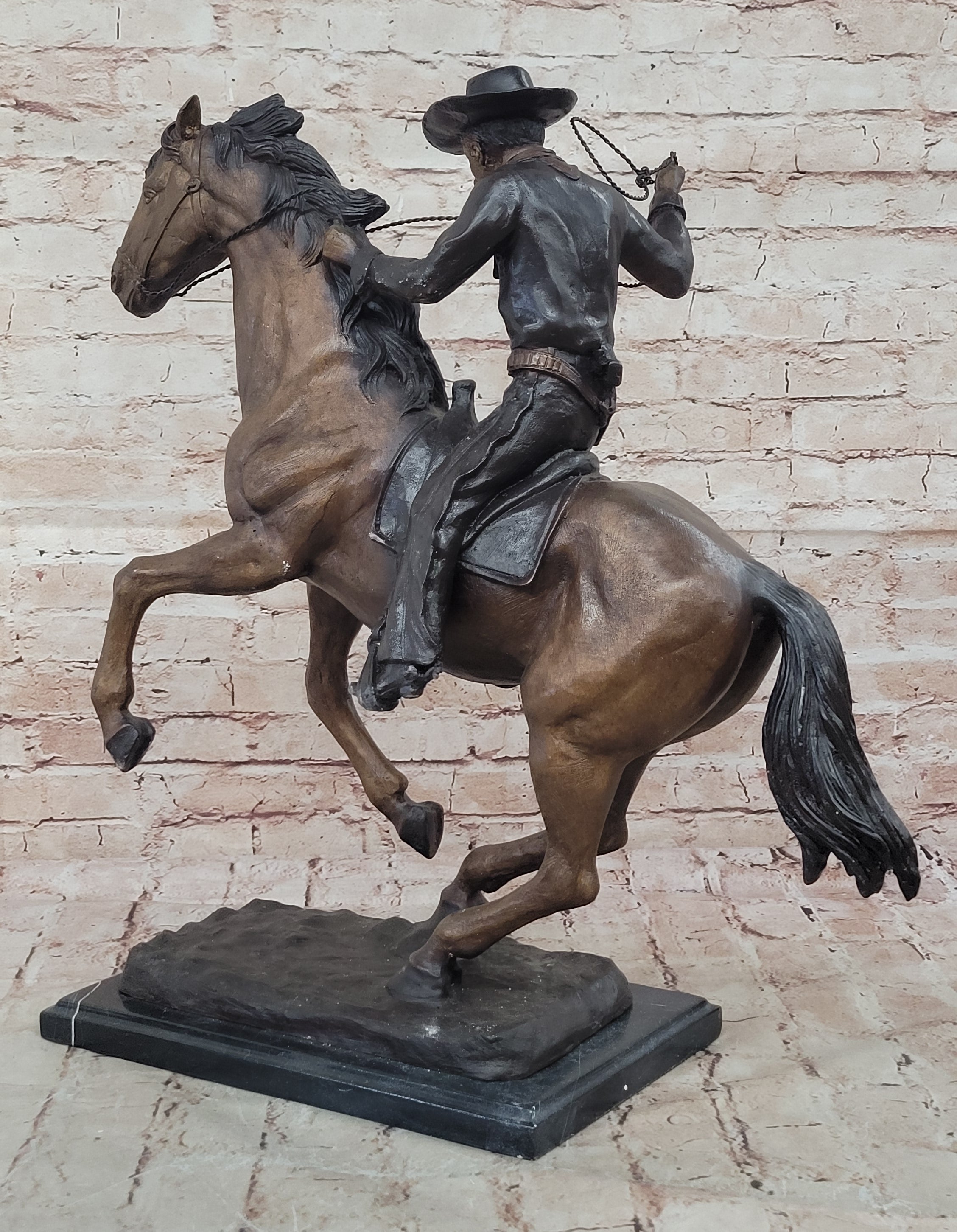 Old School Hot Cast Western Cowboy with His Horse Bronze Sculpture Marble Base