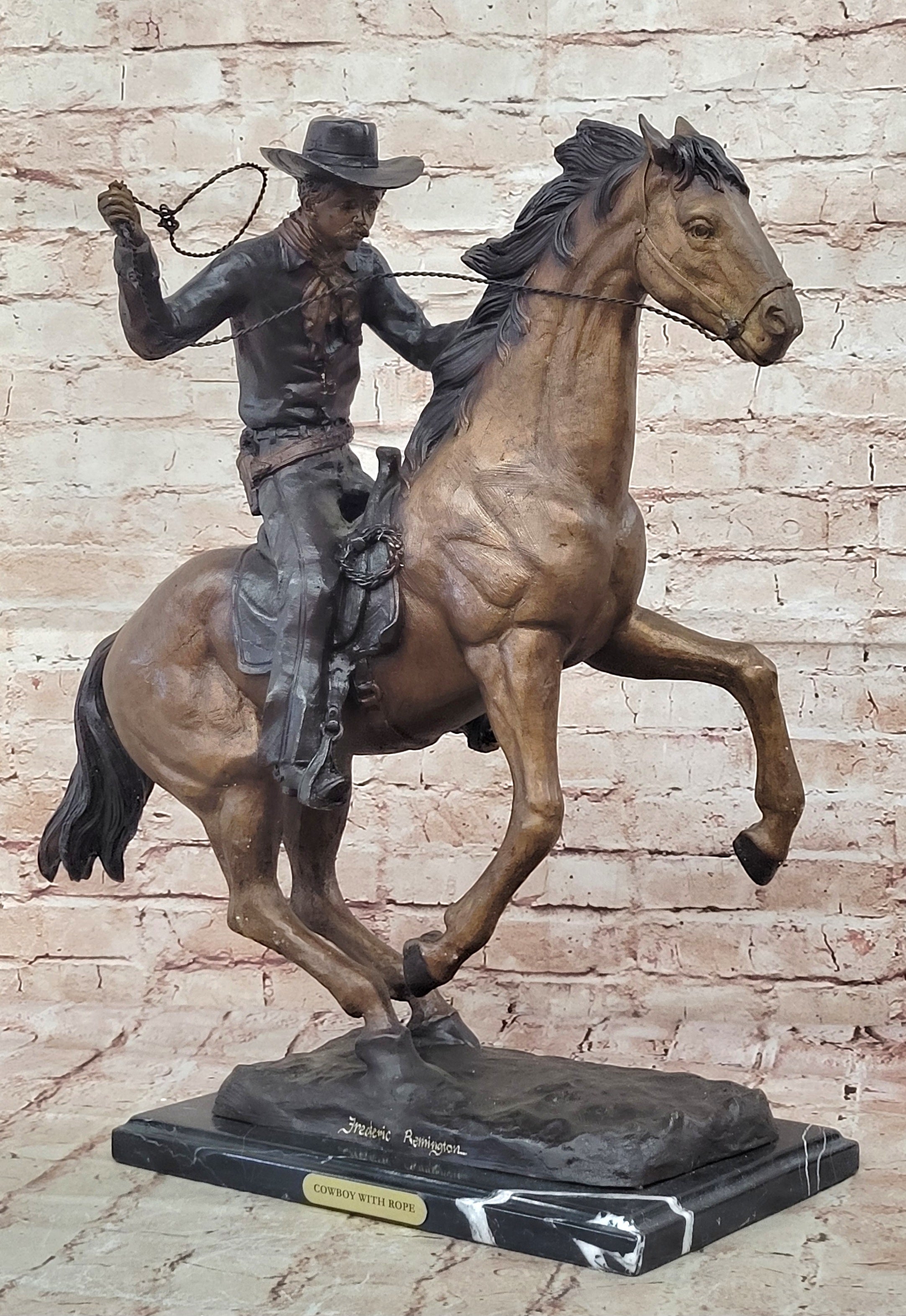 Old School Hot Cast Western Cowboy with His Horse Bronze Sculpture Marble Base